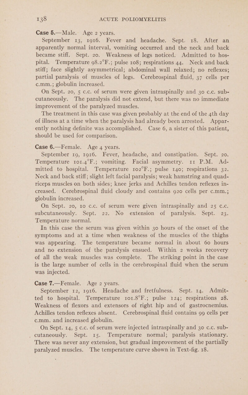 Case 5.— Male. Age 2 years. September: 13, 1916. Fever-.and headache... ‘Sept. 18. After an apparently normal interval, vomiting occurred and the neck and back became stiff. Sept. 20. Weakness of legs noticed. Admitted to hos- pital. Temperature 98.2°F.; pulse 108; respirations 44. Neck and back stiff; face slightly asymmetrical; abdominal wall relaxed; no reflexes; partial paralysis of muscles of legs. Cerebrospinal fluid, 37 cells per c.mm.; globulin increased. On Sept. 20, 5 c.c. of serum were given intraspinally and 30 c.c. sub- cutaneously. The paralysis did not extend, but there was no immediate improvement of the paralyzed muscles. The treatment in this case was given probably at the end of the 4th day of illness at a time when the paralysis had already been arrested. Appar- ‘ently nothing definite was accomplished. Case 6, a sister of this patient, should be used for comparison. Case 6.—Female. Age 4 years. September 19, 1916. Fever, headache, and constipation. Sept. 20. Temperature 1o1.4°F.; vomiting. Facial. asymmetry. 311 P.M. Ad- mitted to hospital. Temperature 102°F.; pulse 140; respirations 32. Neck and back stiff; slight left facial paralysis; weak hamstring and quad- riceps muscles on both sides; knee jerks and Achilles tendon reflexes in- creased. Cerebrospinal fluid cloudy and contains 920 cells per c.mm.; globulin increased. On Sept. 20, 10 c.c. of serum were given intraspinally and 25 c.c. subcutaneously. Sept. 22. No extension of paralysis. Sept. 23. Temperature normal. In this case the serum was given within 30 hours of the onset of the symptoms and at a time when weakness of the muscles of the thighs was appearing. The temperature became normal in about 60 hours and no extension of the paralysis ensued. Within 2 weeks recovery of all the weak muscles was complete. The striking point in the case is the large number of cells in the cerebrospinal fluid when the serum was injected. Case 7.—Female. Age 2 years. September 12, 1916. Headache and fretfulness. Sept. 14. Admit- ted to hospital. Temperature 101.8°F.; pulse 124; respirations 28. Weakness of flexors and extensors of right hip and of gastrocnemius. Achilles tendon reflexes absent. Cerebrospinal fluid contains 99 cells per c.mm. and increased globulin. On Sept. 14, 5 c.c. of serum were injected intraspinally and 30 c.c. sub- _ cutaneously. Sept. 15. Temperature normal; paralysis stationary. There was never any extension, but gradual improvement of the partially paralyzed muscles. The temperature curve shown in Text-fig. 18.