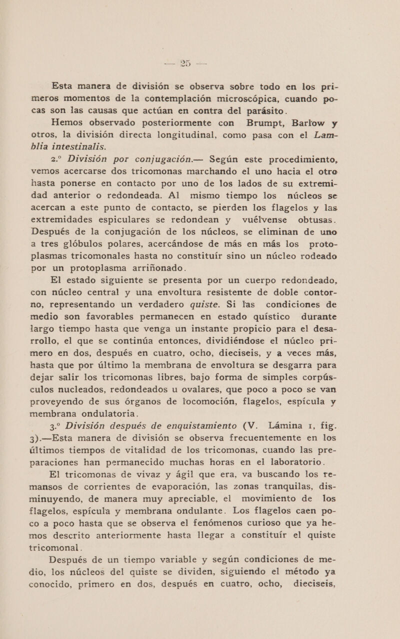 BH A Esta manera de división se observa sobre todo en los pri- meros momentos de la contemplación microscópica, cuando po- cas son las causas que actúan en contra del parásito. Hemos observado posteriormente con Brumpt, Barlow y otros, la división directa longitudinal, como pasa con el Lam- blía intestinalis. 2.” División por conjugación.— Según este procedimiento, vemos acercarse dos tricomonas marchando el uno hacia el otro hasta ponerse en contacto por uno de los lados de su extremi- dad anterior o redondeada. Al mismo tiempo los núcleos se acercan a este punto de contacto, se pierden los flagelos y las extremidades espiculares se redondean y vuélvense obtusas. Después de la conjugación de los núcleos, se eliminan de uno a tres glóbulos polares, acercándose de más en más los proto- plasmas tricomonales hasta no constituír sino un núcleo rodeado por un protoplasma arriñonado. El estado siguiente se presenta por un cuerpo redondeado, con núcleo central y una envoltura resistente de doble contor- no, representando un verdadero quiste. Si las condiciones de medio son favorables permanecen en estado quístico durante largo tiempo hasta que venga un instante propicio para el desa- rrollo, el que se continúa entonces, dividiéndose el núcleo pri- mero en dos, después en cuatro, ocho, dieciseis, y a veces más, hasta que por último la membrana de envoltura se desgarra para dejar salir los tricomonas libres, bajo forma de simples corpús- culos nucleados, redondeados u ovalares, que poco a poco se van proveyendo de sus órganos de locomoción, flagelos, espícula y membrana ondulatoria. 3 División después de enquistamiento (V. Lámina 1, fig. 3).—Esta manera de división se observa frecuentemente en los últimos tiempos de vitalidad de los tricomonas, cuando las pre- paraciones han permanecido muchas horas en el laboratorio. El tricomonas de vivaz y ágil que era, va buscando los re- mansos de corrientes de evaporación, las zonas tranquilas, dis- minuyendo, de manera muy apreciable, el movimiento de los flagelos, espícula y membrana ondulante. Los flagelos caen po- co a poco hasta que se observa el fenómenos curioso que ya he- mos descrito anteriormente hasta llegar a constituír el quiste tricomonal . Después de un tiempo variable y según condiciones de me- dio, los núcleos del quiste se dividen, siguiendo el método ya conocido, primero en dos, después en cuatro, ocho, dieciseis,