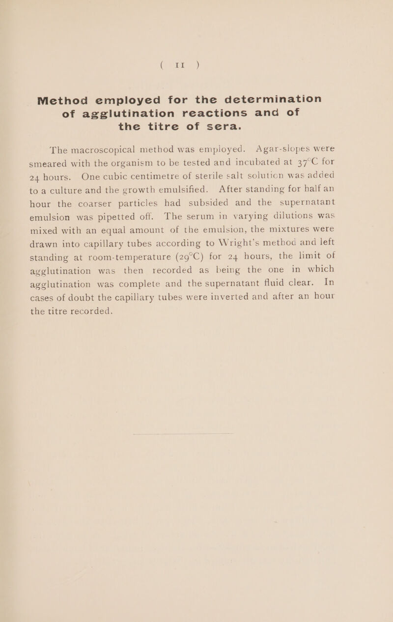 Method employed for the determination of agglutination reactions and of the titre of sera. The macroscopical method was employed. Agar-slopes were smeared with the organism to be tested and incubated at 37°C for 24 hours. One cubic centimetre of sterile salt solution was added to a culture and the growth emulsified. After standing for half an hour the coarser particles had subsided and the supernatant emulsion was pipetted off. The serum in varying dilutions was mixed with an equal amount of the emulsion, the mixtures were drawn into capillary tubes according to Wright’s method and left standing at room-temperature (29°C) for 24 hours, the limit of agglutination was then recorded as being the one in which agglutination was complete and the supernatant fluid clear. In cases of doubt the capillary tubes were inverted and after an hour the titre recorded.