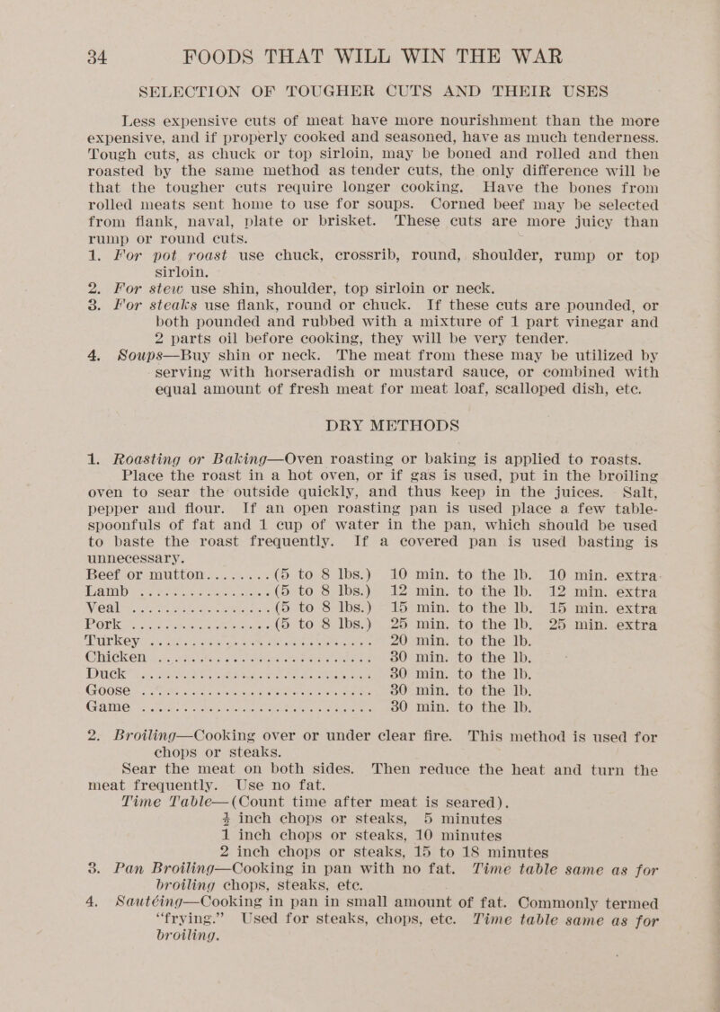 SELECTION OF TOUGHER CUTS AND THEIR USES Less expensive cuts of meat have more nourishment than the more expensive, and if properly cooked and seasoned, have as much tenderness. Tough cuts, as chuck or top sirloin, may be boned and rolled and then roasted by the same method as tender cuts, the only difference will be that the tougher cuts require longer cooking, Have the bones from rolled meats sent home to use for soups. Corned beef may be selected from fiank, naval, plate or brisket. These cuts are more juicy than rump or round cuts. 1. For pot roast use chuck, crossrib, round, shoulder, rump or top sirloin. 2. For stew use shin, shoulder, top sirloin or neck. 3. For steaks use flank, round or chuck. If these cuts are pounded, or both pounded and rubbed with a mixture of 1 part vinegar and 2 parts oil before cooking, they will be very tender. 4. Soups—Buy shin or neck. The meat from these may be utilized by -serving with horseradish or mustard sauce, or combined with equal amount of fresh meat for meat loaf, scalloped dish, ete. DRY METHODS 1. Roasting or Baking—Oven roasting or baking is applied to roasts. Place the roast in a hot oven, or if gas is used, put in the broiling oven to sear the outside quickly, and thus keep in the juices. Salt, pepper and flour. If an open roasting pan is used place a few table- spoonfuls of fat and 1 cup of water in the pan, which should be used to baste the roast frequently. If a covered pan is used basting is unnecessary. Beet or mutton... 3.5 (5 to 8 lbs.) 10 min. to the lb. 10 min. extra. 1 ICT Ciena ie Pat alee, Bia a eT te (5 to 8 Ibs.) 12 min, tothe Ib.- 12 min. extra NMG = Foorn had eter amen a (5 to 8 lbs.) 15 min. to the lb. 15 min. extra Pork 75 ke he ned de Sele (5 to 8 lbs.) 25 min. to the lb. 25 min. extra DUO c:57. et Ne eng We ae oe Dees 20 min. to the Ib. GiaCkem? 5 ao Me ak er eas ee eee es 30 min. to the lb. POUR? i, SEEM IAS 5 ta ee Petes 30: min.. to the Ib. GQOO8C ieks Bv nats Oa 80 min. to the Ib. Gange: Bie. kee ahha oe ole 30 min. to the Ib. 2. Broiling—Cooking over or under clear fire. This method is used for chops or steaks. Sear the meat on both sides. Then reduce the heat and turn the meat frequently. Use no fat. Time Table—(Count time after meat is seared). 3 inch chops or steaks, 5 minutes 1 inch chops or steaks, 10 minutes 2 inch chops or steaks, 15 to 18 minutes 3. Pan Broiling—Cooking in pan with no fat. Time table same as for broiling chops, steaks, ete. 4. Sautéing—Cooking in pan in small amount of fat. Commonly termed “frying.” Used for steaks, chops, ete. Time table same as for broiling.
