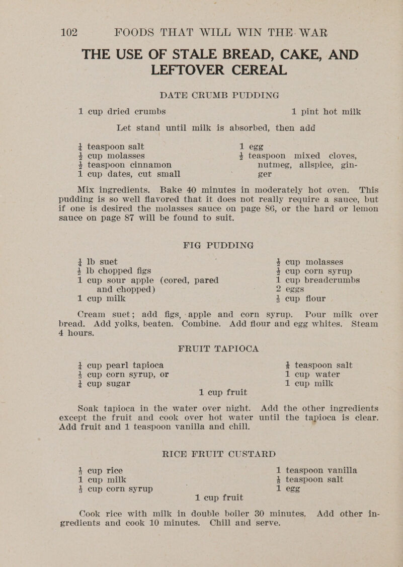 THE USE OF STALE BREAD, CAKE, AND LEFTOVER CEREAL DATE CRUMB PUDDING 1 cup dried crumbs 1 pint hot milk Let stand until milk is absorbed, then add 4 teaspoon salt 1 egg 3 cup molasses 4 teaspoon mixed cloves, 4+ teaspoon cinnamon nutmeg, allspice, gin- 1 cup dates, cut small ger Mix ingredients. Bake 40 minutes in moderately hot oven. This pudding is so well flavored that it does not really require a sauce, but if one is desired the molasses sauce on page 86, or the hard or lemon sauce on page 87 will be found to suit. FIG PUDDING 4 Ib suet , 4 cup molasses 4 lb chopped figs % cup corn syrup 1 cup sour apple (cored, pared 1 cup breadcrumbs and chopped ) 2 eggs 1 cup milk 4 cup flour Cream suet; add figs,-apple and corn syrup. Pour milk over bread. Add yolks, beaten. Combine. Add flour and egg whites. Steam 4 hours. FRUIT TAPIOCA 4 cup pearl tapioca % teaspoon salt 4 cup corn syrup, or 1 cup water 4 cup sugar 1 cup milk 1 cup fruit Soak tapioca in the water over night. Add the other ingredients except the fruit and cook over hot water until the tapioca is clear. Add fruit and 1 teaspoon vanilla and chill. RICE FRUIT CUSTARD 4 eup rice | 1 teaspoon vanilla 1 cup milk 4 teaspoon salt 4 cup corn syrup 1 egg 1 cup fruit Cook rice with milk in double boiler 30 minutes. Add other in- gredients and cook 10 minutes. Chill and serve.