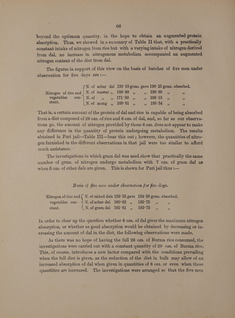 beyond the optimum quantity, in the hope to obtain an augmented protein absorption. Thus, we showed inasummary of Table II that, with a practically constant intake of nitrogen from rice but with a varying intake of nitrogen derived from dal, no increase in nitrogenous metabolism accompanied an augmented nitrogen content of the diet from dal. The figures in support of this view on the basis of batches of five men under observation for five days are :— CN. of arhar dal 150°10 grms. gave 19625 grms. absorbed. Nitrogen of rice and | N. of massur,, 188°40_,, 53 AOU Bs re vegetables con- Ni oft) tees. oC Pee bse ha ee stant. LN.of mung ,, 160°81 ,, ,, 193°54 ,, ke That is, a certain amount of the protein of dal and rice is capable of being absorbed from a diet composed of 26 ozs. of rice and 6 ozs. of dal, and, so far as our observa- tions go, the amount of nitrogen provided by those 6 ozs. does not appear to make any difference in the quantity of protein undergoing metabolism. The results obtained in Puri jail—Table III—bear this out; however, the quantities of nitro- gen furnished in the different observations in that jail were too similar to afford much assistance. The investigations in which gram dal was used show that practically the same number of grms. of nitrogen undergo metabolism with 7 ozs. of gram dal as when 6 ozs. of other dals are given. Thisisshown for Puri jail thus :— Basis of five men under observation for five days. Nitrogen of rice and j N. of mixed dals 156°35 gave 184-50 grms. absorbed. N. ofarhar dal 160°62 ,, 185°75_,, stant. (_N. of gram dal 161°81 ,, 183-75 vegetables con- 22 o&gt; 2? {n order to clear up the question whether 6 ozs. of dal gives the maximum nitrogen absorption, or whether as good absorption would be obtained by decreasing or in- -ereasing the amount of dal in the diet, the following observations were made. As there was no hope of haying the full 26 ozs. of Burma rice consumed, the investigations were carried out with a constant quantity of 20 ozs. of Burma rice. This, of course, introduces a new factor compared with the conditions prevailing when the full diet is given, as the reduction of the diet in bulk may allow of an increased absorption of dal when given in quantities of 6 ozs. or even when those quantities are increased. The investigations were arranged so that the five men