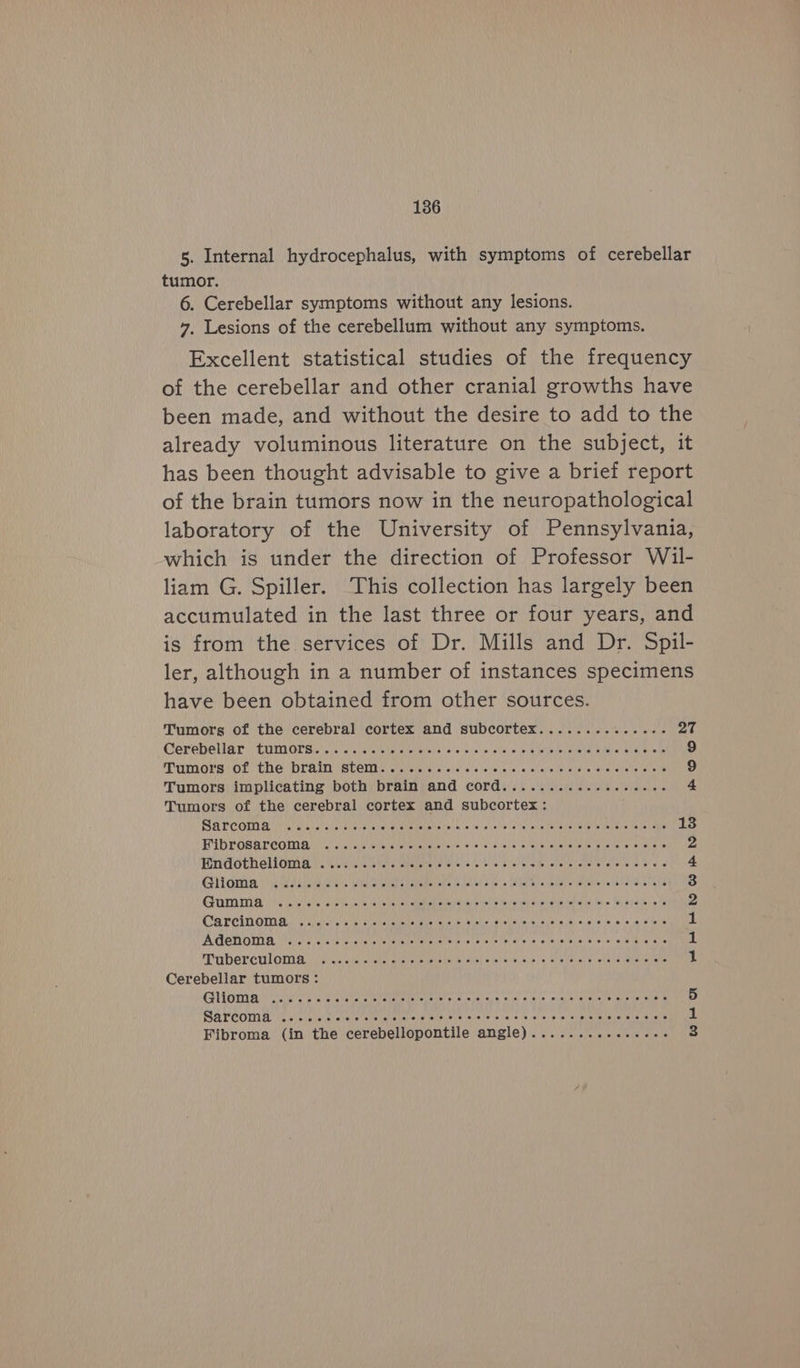 5. Internal hydrocephalus, with symptoms of cerebellar tumor. 6. Cerebellar symptoms without any lesions. 7. Lesions of the cerebellum without any symptoms. Excellent statistical studies of the frequency of the cerebellar and other cranial growths have been made, and without the desire to add to the already voluminous literature on the subject, it has been thought advisable to give a brief report of the brain tumors now in the neuropathological laboratory of the University of Pennsylvania, which is under the direction of Professor Wil- liam G. Spiller. ‘This collection has largely been accumulated in the last three or four years, and is from the. services of Dr. Mills and Dr. Spil- ler, although in a number of instances specimens have been obtained from other sources. Tumors of the cerebral cortex and subcortex.............. 27 Cerebellar 7 CUMOLs yi cc eee ede olcteiel w letalcel os Sleie oveleta Ni lere? oh &amp; eve ie 9 MPumorss Of) (CMG) DVR SCCM e srereinit, vere’ a slie tore see ceneyleneiyalievs eis eilersisn ens 9 Tumors implicating both brain and cord............e-e-e. 4 Tumors of the cerebral cortex and subcortex: Sa PCOTI AL alee cere Bae Oe Ler ee ita tebe Psu ns fercalieils' eto. salie Pareto te (ertatie isin Pasta baile 13 BUBLOSAT COME yo iets erie taiotav=. (ele sl atone le ele raiatensie faite irpl sia ote yA Fon AGEN GLO ee oe eh a ake ioe keel a ieleemeleleneidieele tiene ote! 4 GiVorma eee ees UU als Rt ets o hire Bigs) manele wearer aiens 3 Gham a) he eee ee russ chialhe Ne daioe er sone ema teeth fey Bfais| 64s 2 CSPI OM Ad tetera cree FRETS SIRT OS oelee Tebeliaite des lele (a. ccpeie eile aioli 1 TA LQTIG TIVE WRUsAE Liste aster ene tet pete tser neha lefetel steve erle [eidie, 46, b/ aia aerate il TPE BOL CULOTIA i cca ie che eee nete all Ulanled «feta veto %s Stapvanet soles iarenenete 1 Cerebellar tumors: CLO Tree ere rtetrcteatrare ie ones sul ccsie esas oneneietiel emer aealG 5 SAECO A ee eR Tate oo loos iis fe calles Je -e/ ere’ ie cumteholenete arate 1 Fibroma (in the cerebellopontile angle)..............- =