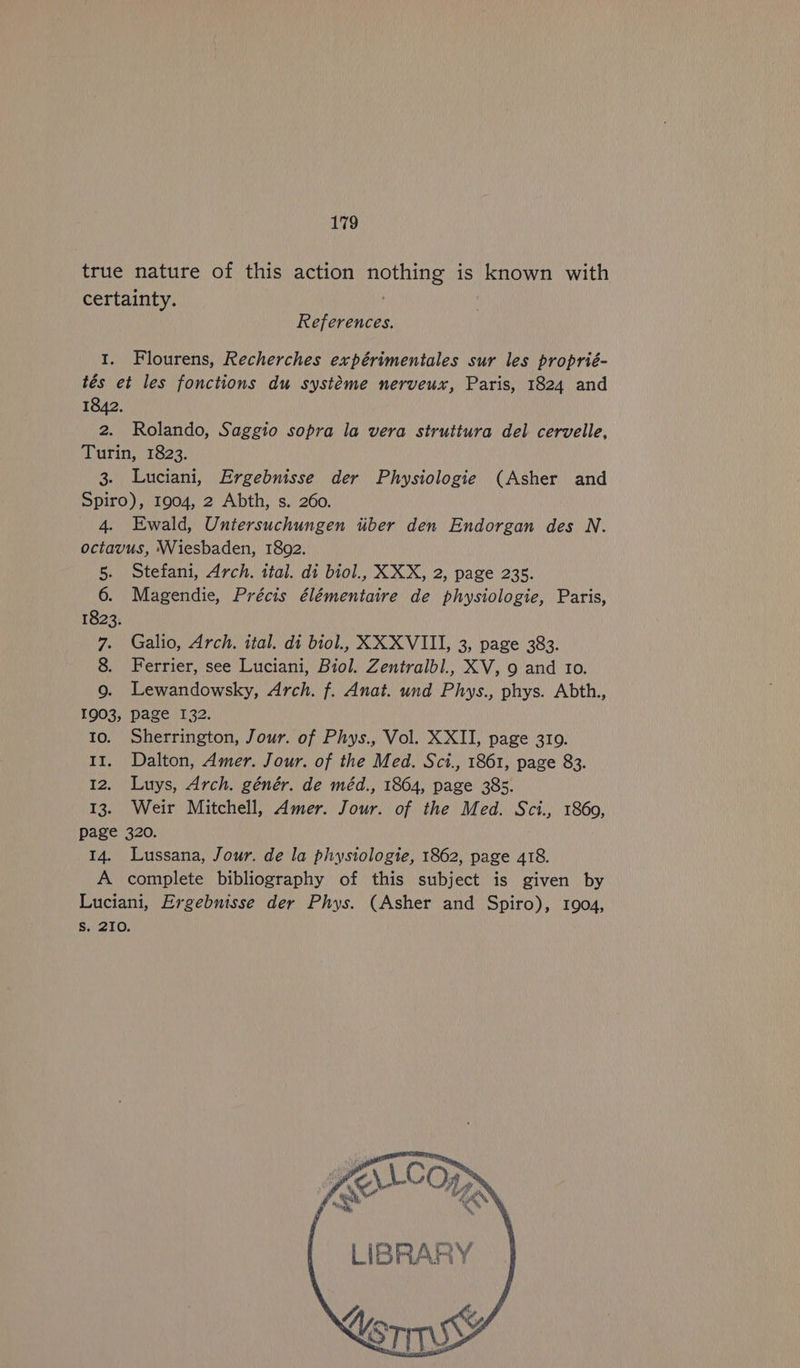 true nature of this action ae is known with certainty. References. 1. Flourens, Recherches expérimentales sur les proprié- tés et les fonctions du systéme nerveux, Paris, 1824 and 1842. 2. Rolando, Saggio sopra la vera struttura del cervelle, Turin, 1823. 3. Luciani, Ergebnisse der Physiologie (Asher and Spiro), 1904, 2 Abth, s. 260. 4. Ewald, Untersuchungen iiber den Endorgan des N. octavus, Wiesbaden, 1892. 5. Stefani, Arch. ital. di biol., XXX, 2, page 235. 6. Magendie, Précis élémentaire de physiologie, Paris, 1823. 7. Galio, Arch. ital. di biol., XXXVIII, 3, page 383. 8. Ferrier, see Luciani, Biol. Zentralbl., XV, 9 and to. 9. Lewandowsky, Arch. f. Anat. und Phys., phys. Abth., 1903, page 132. 10. Sherrington, Jour. of Phys., Vol. XXII, page 3109. 11. Dalton, Amer. Jour. of the Med. Sci., 1861, page 83. 12. Luys, Arch. génér. de méd., 1864, page 385. 13. Weir Mitchell, Amer. Jour. of the Med. Sci., 1860, page 320. 14. Lussana, Jour. de la physiologie, 1862, page 418. A complete bibliography of this subject is given by Luciani, Ergebnisse der Phys. (Asher and Spiro), 1904, Ss. 210.
