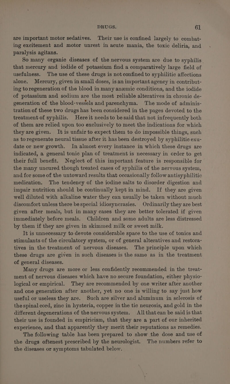 are important motor sedatives. Their use is confined largely to combat- ing excitement and motor unrest in acute mania, the toxic deliria, and paralysis agitans. So many organic diseases of the nervous system are due to syphilis. that mercury and iodide of potassium find a comparatively large field of usefulness. The use of these drugs is not confined to syphilitic affections alone. Mercury, given in small doses, is an important agency in contribut- ing to regeneration of the blood in many anemic conditions, and the iodide of potassium and sodium are the most reliable alteratives in chronic de- generation of the blood-vessels and parenchyma. The mode of adminis- tration of these two drugs has been considered in the pages devoted to the treatment of syphilis. Hereit needs to besaid that not infrequently both of them are relied upon too exclusively to meet the indications for which they are given. It is unfair to expect them to do impossible things, such as to regenerate neural tissue after it has been destroyed by syphilitic exu- date or new growth. In almost every instance in which these drugs are indicated, a general tonic plan of treatment is necessary in order to get their full benefit. Neglect of this important feature is responsible for the many uncured though treated cases of syphilis of the nervous system, and for some of the untoward results that occasionally follow antisy philitic medication. The tendency of the iodine salts to disorder digestion and impair nutrition should be continually kept in mind. If they are given well diluted with alkaline water they can usually be taken without much discomfort unless there be special idiosyncrasies. Ordinarily they are best given after meals, but in many cases they are better tolerated if given immediately before meals. Children and some adults are less distressed by them if they are given in skimmed milk or sweet milk. It is unnecessary to devote considerable space to the use of tonics and stimulants of the circulatory system, or of general alteratives and restora- tives in the treatment of nervous diseases. The principle upon which these drugs are given in such diseases is the same as in the treatment of general diseases. Many drugs are more or less confidently recommended in the treat- ment of nervous diseases which have no secure foundation, either physio- logical or empirical. They are recommended by one writer after another and one generation after another, yet no one is willing to say just how useful or useless they are. Such are silver and aluminum in sclerosis of the spinal cord, zinc in hysteria, copper in the tic neurosis, and gold in the different degenerations of the nervous system. All that can be said is that their use is founded in empiricism, that they are a part of our inherited experience, and that apparently they merit their reputations as remedies. The following table has been prepared to show the dose and use of the drugs oftenest prescribed by the neurologist. The numbers refer to the diseases or symptoms tabulated below.