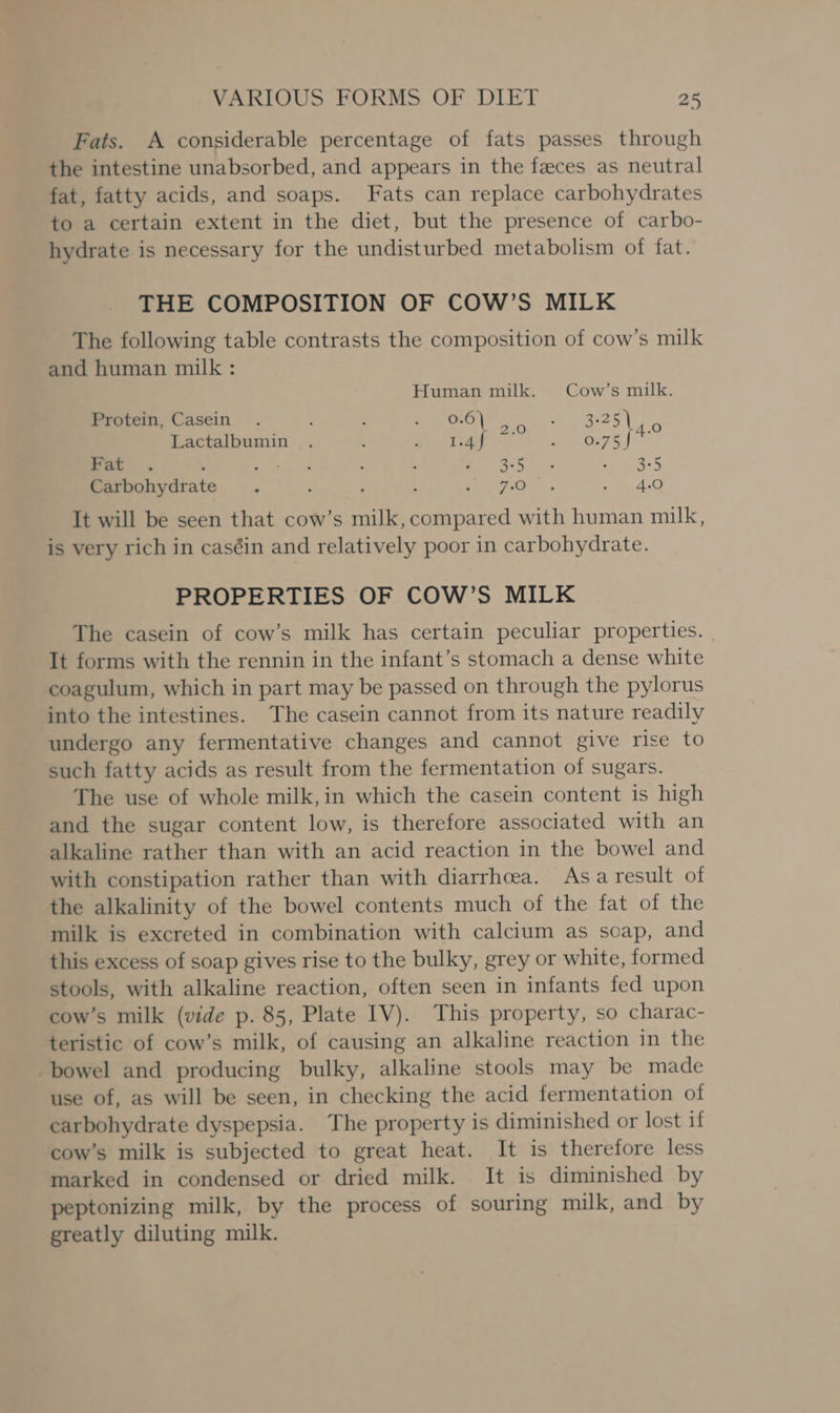 Fats. A considerable percentage of fats passes through the intestine unabsorbed, and appears in the faeces as neutral fat, fatty acids, and soaps. Fats can replace carbohydrates to a certain extent in the diet, but the presence of carbo- hydrate is necessary for the undisturbed metabolism of fat. THE COMPOSITION OF COW’S MILK The following table contrasts the composition of cow’s milk and human milk : Human milk. Cow’s milk. Protein, Casein . : : Aga | Lactalbumin . oh. ecg a 0.75 f° Fat . : Port cid ; : ’ oe: So eae Pah Carbohydrate : ‘ : ; ee So ae Se It will be seen that cow’s milk, compared with human milk, is very rich in caséin and relatively poor in carbohydrate. PROPERTIES OF COW’S MILK The casein of cow’s milk has certain peculiar properties. It forms with the rennin in the infant’s stomach a dense white coagulum, which in part may be passed on through the pylorus into the intestines. The casein cannot from its nature readily undergo any fermentative changes and cannot give rise to such fatty acids as result from the fermentation of sugars. The use of whole milk,in which the casein content is high and the sugar content low, is therefore associated with an alkaline rather than with an acid reaction in the bowel and with constipation rather than with diarrhoea. Asa result of the alkalinity of the bowel contents much of the fat of the milk is excreted in combination with calcium as soap, and this excess of soap gives rise to the bulky, grey or white, formed stools, with alkaline reaction, often seen in infants fed upon cow’s milk (vide p. 85, Plate IV). This property, so charac- teristic of cow’s milk, of causing an alkaline reaction in the bowel and producing bulky, alkaline stools may be made use of, as will be seen, in checking the acid fermentation of carbohydrate dyspepsia. The property is diminished or lost if cow’s milk is subjected to great heat. It is therefore less marked in condensed or dried milk. It is diminished by peptonizing milk, by the process of souring milk, and by greatly diluting milk.