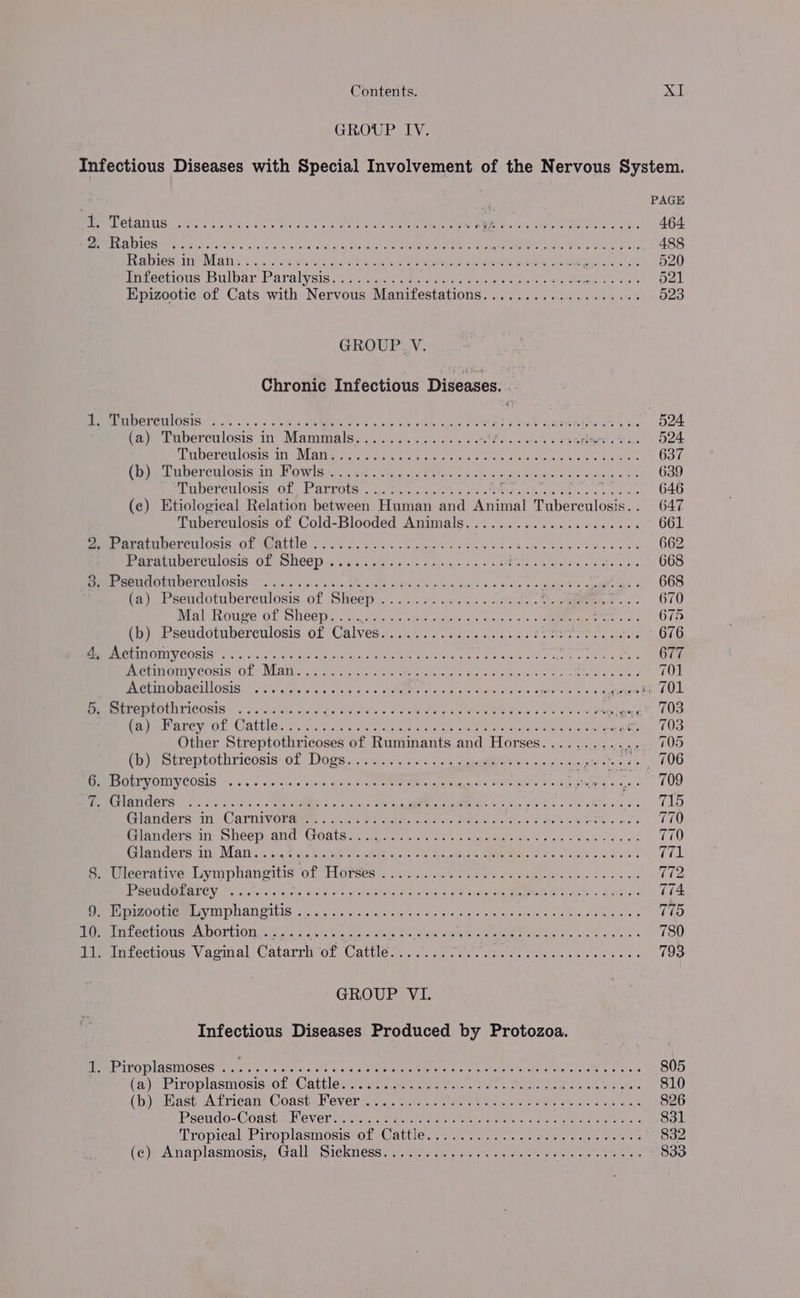 GROUP IV. Infectious Diseases with Special Involvement of the Nervous System. y PAGE PRC LOLUS e's cok tober an dat ST yes ERG hE RE Sec 464 ROE OONG Me orig al seni «i alca &lt;n a aE Fa dpa ote Ee an Rt BD ae TT 488 Re rOdees MwA AIS oa. sare Fiare! soe wr ale anne a OR Pe ae Ch of ad 520 imtecions Bulbar Paralysis..4 0 bays oc. eyes oe es ene 521 Epizootic of Cats with Nervous Manifestations................04. 523 GROUP.V. Chronic Infectious Diseases. | rer losie.n es tee ee tae Se a a eat © 524 (a) Tuberculosis in Mammals............... sl a eth aWor eV be 524 Uperewlosis. ly Mian e se ashes Vat ea se Oats asians san eae ae ei: 637 Corel Wer CULGBIS) BEL. POW 1Ss 5 90h. oie ce eer, 5 6 be inves eisiw owas! eve cisions 6) 639 PL ODereulUsIs: Ol. I AEYUter. gictnt 6 oe. a won LIES Mig ete A at 4 OA (c) Etiological Relation between Human and Animal Tubereulosis.. 647 Tubereulosis of Cold-Blooded Animals...............20000. 661 Bemereratuperculosis GMuNatile ¢ os 5. fe. &gt; eames ts cae bis Bancec'e cress v's 662 ParauocerEulosis OM SNCC 6 ogo te cate hy + on sie oscil ere un ee oe ate wale 668 RPIEE WEL OU DCT CULOSIS aoe ohn a5) oS tthe sooncw bit, pith“. « w wipe ace eeMe, aaa? « 668 (a) Pseudotubereulosis of Sheep... ..6........085., CO) ee me... 670 ia Ouse OL SUCe ie... ae aun opt egiols = oct os Lee ees os 675 (b) Pseudotuberculosis of Calves............s.0000! pes ars api a OLG SEMBEME ONIU COIS 0 (anos eee an ee Wise tree a See es BARES SHAG Ae 677 MIM OnVyCOSIS Of eMAly Atom ete ates as itso cuca tee eed 701 PE LITLOUACHL ORES: .o 4's siete io a nine avs AMES © eh ede Pais a rer RAs aot LOL PPITORLOCNTICOSIS -., So aco ond dea eee f Pn Shae Mae sot Date ott ibviewat, C0 farm barey OL Cathie... .. sax sans oat ae ee arene, Conse adie. 70a Other Streptothricoses of Ruminants and Horses..... ere aye £05 (ii eotrentothricosis: Of Dogs 25 aac. se 2 = ee ree wage ROR ee HALE MTOR VOI Y COGIG. 15's) 5°, « oon. «tiene den sysea oO een re le ok flea. aee 100 SYS! 8S. 2-5 Larch. EE 2 Les ert et MEE Gn ae ae do nates os ws 715 Glanders:in &gt; Carni¥oramer 2c. % pacer tn ucime Phas ose Seo RSS. oes 770 Aamdors: 1? nee, aud GOate.s ae eee... ie eae ew cess oes os 770 Glanders in Man....+.. 2... eee cece eee see e eee e cece sees ee eees raat eeeiceratives Lymplangitisrdl 1 Orses . cvs es easel peepee ess fla Se 72 ROU CUAL CY ys dale o-oicise Cule wigs gue Re cides ot nes EME Safes abel ee 774 SP TUBOOHCMETY PUAN GILG sou c gorda le vnuetde vie eu arn «ates otek wee dow a Ss 775 10. Infectious Abortion ........ wees cess ETA de eRe ore lta 3 780 iMipeluteetious.Vagiial Gatarrirot Cation... .5c.00k: seer. 2 oka ss es oe 793 GROUP VI. Infectious Diseases Produced by Protozoa. WORE IEUDIASINOSE tisha con ber FH ois cee tere eiees Noe eas Pare CMTE Pees 805 (aiiPiroplasmosisrolrCattlowisie + wate ee ea raat ain tie wie s 810 (pyohastuAtriecant CoasteNevern =, s oew tae ot teas Soa Sale ce eo 826 Peed o-OOgsta, HOV OT ver catrnel ger Nie ies oe el ete fc San tN aed Mato 831 Propical Piroplasmosis/orr Cattle 24.4 Was. 6 others en eater e soe 832 (ow Anaplasmogis;s Gale Sickness acleei nig antes. ely wears eet oe 833