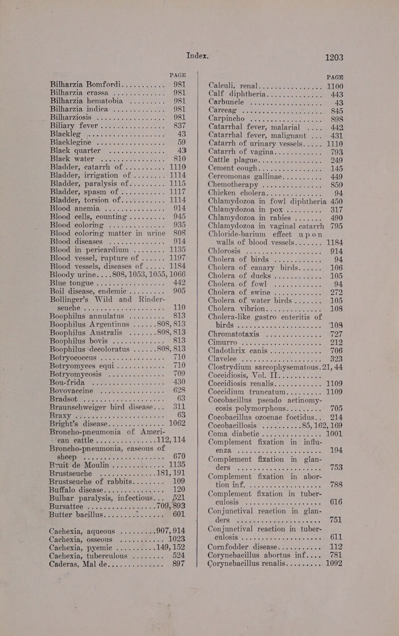Bilharzia Bomfordi....'....... 981 BSMATZ1ae CrAssSa, 2.4 2. 2 ee 981 Bilharzia hematobia ...:..... 981 Bilharzian mica. sere 981 SUED TOSIS Me evr. eek = pr Ras 981 BeiigrycLOVerl ae we se... fs kes 837 Mote lOD Nace rae eee. Le 43 Bisa lewinieyi.ts ules! co's 3 ook 59 PC UWAPLOE A tore. oid ses cto Me 43 Pete KM NTALOT ME AD.*, % as cs eat a Sie ss 810 IPA OROL MCALATTiy tOL) oF e)s re oc 1110 Bladder; irrigation’ of-......:. 1114 Bladder, paralysis ofs......:. 1115 Isladder; spasm: Of... 6.0.5.4: 1117 Bladder, torsion of. ..¢2. 3.25 1114 EerGOG sONCMIAL se ek 8 914 Blood cells, counting ......... 945 Pimoge coloring ws 02.03 Asc as 935 Blood coloring matter in urine 808 isrpod. iSeASeS! . OL. . ee 914 Blood in pericardium ........ 1135 Blood vessel, rupture of ...... 1197 Blood vessels, diseases of ..... 1184 Bloody urine. . . .808, 1053, 1055, 1066 ine toneuers Sek ovis poles 442 Boil disease, endemic ......... 905 Bollinger’s Wild and Rinder- ELE) Ne ee 110 Boophilus annulatus ......... 813 Boophilus Argentinus ...... 808, 813 Boophilus Australis ....... 808, 813 Mao INUSEDOVIS” fi iS als fess 813. Boophilus decoloratus ...... 808, 813 PRL VOGOCENS 205 ow ee es os 710 Botryomyees equi............ 710 BOtryOMycosis ~........50.... 709 voi kd gt ge ea rr 430 mewevaccine 0.2% i. ce cee 628 DEER A eee eee ee a 3 63 Braunschweiger bird disease... 311 O80 gee Rn eo aa oe 63 Bre GiISCASC oss se. hele e es 1062 Broncho-pneumonia of Ameri- Meat, Cte sce de 2s Vee ees 112, 114 Broncho-pneumonia, caseous of eae Renae eer 670 Bem de Mouliné. 2..'.-.0nh 6 v6 1135 MAVISUSCUCHE .. 55 feed eles » 181, 191 Brustseuche of rabbits........ 109 Buffalo. disease :..n)i.53 28K s < 120 Bulbar paralysis, infectious... 521 POULSALtLOO nae oicS soa SES CeS tes 709, 893 Butter bacillus........ cuit a ee 601 Cachexia,.aqueous ....ii4d: 907, 914 Cachexia, osseous. .....:..... 1023 Cachexia, pyemic .......... 149, 152 Cachexia, tuberculous ........ 524 Gaderas, Mal.de.....2.. abanea. 897 Caleuliverenal tes seu tend yeas 1100 Galix diphtheria sei. ase 443 Carbuncle peta ata rece eee 43. Gayecar atic, seek on ee 845 Carpinchotonse.ccee aoe n ae 898 Catarrhal fever, malarial .... 442 Catarrhal fever, malignant ... 431 Catarrh of urinary vessels. .... 1110 Gatarrlirol wacina sc.aee ane 793 Cattle plague! +. iec ceknne: 249 Cenienitteoughs 2-57, eee 145 Cercomonas gallinae.......... +9 Chemotherapyce-i..- ene ae 859 Ghicken cholera... jngn0 oe aeet 94 Chlamydozoa in fowl diphtheria 450 Chlamydozoa in. poxhs. 2... 317 Chlamydozoa in rabies ....... 490 Chlamydozoa in vaginal eatarrh 795 Chloride-barium effect upon walls of blood vessels....... 1184 (PLOT OBIS, > assays ta eer sighs secede 914 Cholera: of -birdsa65 aa. sees 94 Cholera of canary birds...... 106 Cholera.ofvdneks ai. fag saan 105 Gholerasofetowh®. oc .5. feng 94 Cholera of. swine aes dnt 272 Cholera of water birds....... 105 Choleraevibrion\... iene tacts 108 Cholera-like gastro enteritis of DIP s talc tors sca: catia 108 Chromatotaxis.); Y2te aes eee 727 Cimurro: PEPAr nt a, eee se 212 Cladothrix canis .ee ce oe 706 Clavelees-iary icc ee nee 323 Clostrydium sarecophysematous. 21, 44 Ceceidiosis, - Vol alinceuies nies Coccidiosis renalis............ 1109 Coccidium truncatum......... 1109 Cocobacillus pseudo actinomy- cosis polymorphous......... 705 Cocobacillus ozoenae foetidus.. 214 Cocobacillosis *..../...... 85, 162, 169 Coma diabeticit ee oe ee 1001 Complement fixation in influ- CHZa Vhs. Past hese oe ee tee 194 Complement fixation in glan- Cera: S220) sot aa ae eee 753 Complement fixation in abor- TOU Ls. cee res eects 788 Complement fixation in tuber- EtrlOSISMEMS TG” sa ieges ee ree 616 Conjunctival reaction in glan- AeTS - Bie ieee «Steeda hess ayn c\ccene 751 Conjunctival reaction in tuber- GULOSIS: 4.) (ci: samehepesdnetist cere 611 Cornfodder disease........... 112 Corynebacillus abortus inf.... 781 Corynebacillus renalis......... 1092