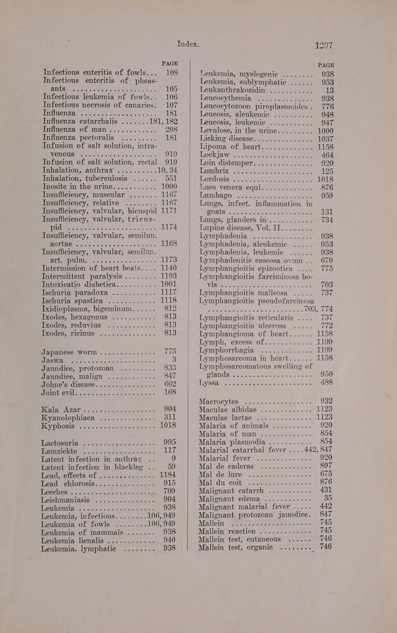 Infectious enteritis of fowls... 108 Infectious enteritis of pheas- AUS ne chee es Ok 105 Infectious leukemia of fowls... 106 Infectious necrosis of canaries. 107 IMUUULCIL ZG tre orn chelate ace eeea's os «os 181 Influenza catarrhalis ....... 181, 182 iigimenzarot Wan. Soc... as 208 Influenza pectoralis ......... 181 Infusion of salt solution, intra- RTOS Feeds toe oats Lath e-a!s i 3 oe 919 Infusion of salt solution, rectal 919 fonalation, anthrax s.4o 0. %..2 4 10, 34 Inhalation, tuberculosis ...... 551 Tnosite in the urine........... 1000 Insufficiency, muscular ....... 1167 Insufficiency, relative ........ flor Insufficiency, valvular, bicuspid 1171 Insufficiency, valvular, tricus- WEES Re ores sx 'c swe Saves 1174 _ Insufficiency, valvular, semilun. ME CAO MS Aaians, «! sis'e gto v0 <= 1168 Insufficiency, valvular, semilun. Pat PPNOURUNIYE g's og sieve bieess os 9 abs 173 Intermission of heart beats.... 1140 Intermittent paralysis........ 1193 Intoxicatio diabetica.......... 1001 Lycee tha tole: Gli). keen ii LI? Neelnmria, SPastiea |... 7.4, > - 1118 Txidioplasma, bigeminum...... 812 Trades. NEXAPONUS 2 )2. se 813 Ixodes, reduvius .:...... Dee A lebig oN Ibs: Peace eVICHiS! fo... ess es 3 813 Papanese WOrM .......0..754: 775 SMe tc giclee als whi ap Wei 3 aundice, protozoan ........+... 833 Waundiee, malign .2.....2....% 847 MIGMNA SI CISCASE < oi.te 0 0.2 3-2: © 662 BOBO ete oe ss ucn hn ota cine 5 168 PAN os aoe unt a, = jlece Sere eis 904 ivanolophiaea.......-.sh5.- LL OBIS 545. 52.0hs ayaley'ene paneysys sx 1018 art, Pretest at aes fo appe' 0! 995 CO AULVE CGC aaa A Re EP Ly. Latent infection in anthrax .. 9 “Latent infection in blackleg .. 59 Meee, CMOCES. OL i eerlrpis sy'« 1.00 1184 sea eChlOTOGlS..% cis bun <\4xicr 3 915 Coen ata Sal faye serie neAiecel a pesiees 709 PeISHMAMIASIS (024 enn ae oe Aes 904 J BT TURES CEC Gar got ae Stan OCP PR mere 938 Leukemia, infectious.....-.. 106, 949 Leukemia of fowls ........ 106, 949 Leukemia of mammals ....... 938i Heukemia-lienalis 4ii!4.¢.s-2 +s, 940 Leukemia. lymphatic ........ 938 LOT PAGE Leukemia, myelogenic ........ 938 Leukemia, sublymphatic ...... 953 Leukanthrakozidin ........... 13 Leucceythemia 2.9 yan cee 938 Leucocytozoon piroplasmoides. 776 Leuecosis, aleukemic. ..3:..5..-. 948 Leucosis, leukemic ........... 947 Levulose, in the urine......... 1000 Lackins: diseases acts.) ane re 1037 Lipomia of - heart aak. vr ee 1158 LOCK aw rt. erect tena 464 Loin’ distemperseyo1 es 5254 920 Tombrin presen aus sae ae 125 Lordosis 772 setae set ee ee 1018 Lues venera equi............. 876 Tema gr tae aiceial sete ann ae he eo!) Lungs, infect. inflammation in BOAT as Late as ee dn: Weak Lungs, glanders m:...).....2. 734 Lupine disease, Vol. IT........ Lymphadenia. (0299... aes 938 Lymphadenia, aleukemic ..... 953 Lymphadenia, leukemic ...... 938 Lymphadenitis caseosa ovum... 670 Lymphangioitis epizootica .... 775 Lymphangioitis farciminosa bo- Vien dct erntiare yolkot so. a tee 703 Lymphangioitis malleosa ..... (et Lymphangioitis pseudofarcincsa ee yeti eee ee 703, 77 Lymphangioitis reticularis .... 737 Lymphangioitis uleerosa ..... 772 Lymphangioma of heart...... 1158 Lymph, excess’ of 22.04... .0.% 1199 Toymiphorrhdgian Wiese oot 1199 Lymphosareoma in heart...... 1158 Lymphosarecomatous swelling of PIANOS Eras a apnea tt hake 21s 950 VSSA hk Gen ale nae aa enlace Waa ate 488 PB CLOCVUES © ate as) aittevesa ites + tert 932 Maculae albidae ............. 1123 Maculae-lactae ............- L123 Malaria of animals ..0/....%'. 920 Malaria tof “man css esas 2. 854 Malaria plasmodia ?2./7....'.. 854 Malarial eatarrhal fever ... .442, 847 Malariale fever et. sec. stele: sae 920 Mal dé -caderas’ 327.4. 0.0. 897 Mal de Inrey eee ae ttt 675 Male du cous’ occas ec stels cine 876 Malionanttcatarvhe 2.25 it'o -1 431 Malienant edema... 2.02 .4...'. 35 Malignant malarial fever..... 442 Malignant protozoan jaundice. 847 Mallein recreates caches s 745 Mallen reaction .% 22. - sss 745 Mallein test, cutaneous ...... 746 Mallein test, organic ...... pean 746