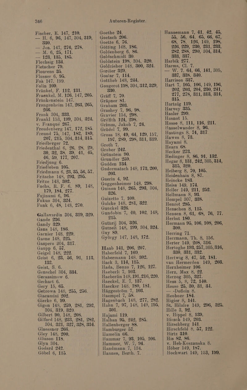 Fischer, E. 147, 210. — H. 6, 96, 147, 304, 319, 330. — Jos, 147, 276, 278; — M.6, 35, 171. — 193,155, 185. Flechsig 134. Fletscher 79. Flourens 35. Flusser 6, 9. Foa 147, 199. Folin 109. Fränkel, F. 112, 131. Fraenkel, M. 126, 147, 209. Fränkenstein 147. 266. Frank 304, 333. Frankl 153, 199, 304, 324. v. Frangue 267. Freudenberg 147, 172, 185. Freund 75, 147, 182, 189, 207, 215, 304, 314, 315. Friedberger 72. Friedenthal 6, 26, 28, 29, 30, 32, 38, 39, 41, 45, 46, 59, 177, 207. Friedjung 6. Friedleben 109. Friedmann 6, 23, 35, 56, 97. Fritsche 148, 295, 29. Fritze 148, 302. Fuchs, R. F. 6, 179, 184, 277. Fujinami 6, 96. Fukuo 304, 324. Funk 6, 48, 148, 270. 89, 148, Gallavardin 304, 319, 329. Gande 236. Gandy 329. Gans 148, 186. Garnier 148, 229 Gasne 148, 225. Gaspero 304, 817. Gaupp 6, 87. Geigel 148, 222. Geist 6, 28, 56, 9, 113, 132. Geist, 8. 6. Genschel 304, 334. Gerassimow 6. Gerhart 6. Gery 15, 69. Getzowa 148, 255, 256. Giacamini 202. Gierke 6, 99. Gigon 148, 259, 281, 29, 304, 319, 320. Gilbert 90, 148, 208. Gilford 148, 233, 281, 282, 304, 321, 397, 328, 334. Glaessner 266, Gley 148, 200. Glisson 118, Glyn 304. Godard 242, Göbel 6, 115. Goethe 24. Goetsch 206. Goette 6, 76. Götting 148, 186. Goldenberg 6, 86. Goldschmidt 30. Goldstein 198, 304, 320. Goldzieher 148, 300, 324. Gordier 329. Goslar 7, 114. Gottlieb 148, 244. 330. Gräff 7, 70. Gräpner 81. Graham 203. Grashey 7, 9%, 98. Gravier 154, 298. Griifith 124, 298. Grimm, Jakob 7, 24. Grödel 7, 9. Groth 7. Gruber 242. Grünstein %W. Grundler 259. Gudden 134. Gudermatsch 148, 173, 200, 203. Guerin 4, 9. Guggenheimer 148, 298. Guinon 148, 265, 298, 304, 326. Guizetto 7, 100. Gulcke 148, 281, 322. Gunckel 326. 215. Guthrij 304, 326. Gutzeit 148, 199, 304, 324. Guy sg. Gydr gy 147, 148, 172. Haab 141, 206, 207. Haberfeld 7, 109. Habermann 148, 302. Hack 3, 114, 115. Hada, Benzo 7, 126, 127. Haeberli 7, 103. Haeckel, E. 7, 187. Haecker 148, 180, 181. Häggeström 7, 108. Haempel 7, 58. Hagenbach 148, 277, 282. Hahn 7, 97, 148, 149, 195, »01. Hajami 119. Halban 95, 242, 285. Hallenberger 88. Hamburger 57. Hamelin 66. Hammar 7, 93, 105, 106. Hammer, W. 7, 94. Handmann 7, 134. Hannes, Berth. fl. Hansemann 7, 41, 42, 45, 55, 56, 64, 65, 66, 67, 68, 78, 126, 149, 198, 226, 229, 230, 231, 233, 282, 258, 290, 304, 314, 335, 357. Harbik 277. Harms, Cl. 7. — W. 7, 64, 66, 141, 305, 337, 358. 340. Harrison 337. Hart 7, 105, 106, 149, 196, 202, 203, 204, 230, 241, 277, 278, 311, 313, 314, 315. Hartnig 119. Harvey 825. Hasler 299. Hasnot 15. Hasse 8, 111, 116, 211. Hasselwander 8, 9%. Hastings 8, 74, 317. Hawes 8, 73. Hayami 8. Hearn 68. Hecker 273. Hedinger 8, 86, 91, 132. Hegar 8, 131, 242, 305, 314, 315, 320. Heiberg 8, 70, 105. Heidenhain 8, 87. Heincke 183. Heiss 149, 174. Heller 149, 211, 252. Hellmann 8, 98. Hempel 307, 8338. Henrot 295. Henschen 8, 115. Hensen 8, 61, 68, 76, 77. Herbst 180. Hermann 9, 106, 108, 206, 300. Herring 71. Herrmann, Th. 8, 156. Herter 149, 208, 316. Hertoghe 193, 257, 305, 316, 330, 331, 332. Hertwig 8, a7, 52, 181. van Hermerden 149, 203. Herxheimer 106. Herz, Max 8, 22. Herzog 305, 327. Hess 5, 8, 72, 140. Hesse 95, 30, 31, 34. — -Doflein 8. Heubner 184. Higier 8, 141. St. Hilaire 149, 296, 325. Hille 3, 92. v. Hippel 8, 139. Hirsch 149, 203. Hirschberg 141. Hirschfeld 8, 57, 122. Hirtz 310. His 82, 86. v. Heb-Koszanska 8. Höber 149, 187. Hochwart 149, 153, 199.
