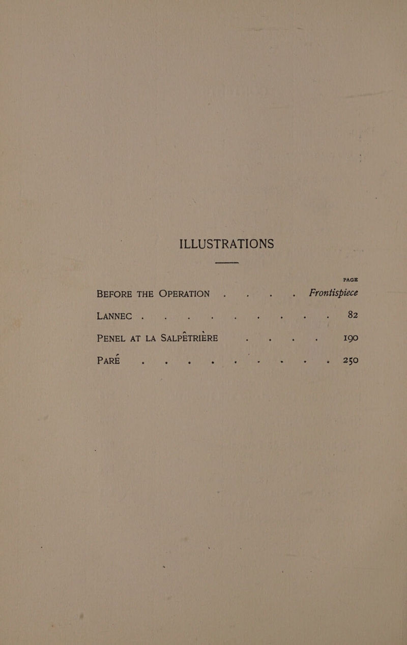 ILLUSTRATIONS BEFORE THE OPERATION LANNEC PENEL AT LA SALPETRIERE PARE PAGE Frontispiece 82 190 250