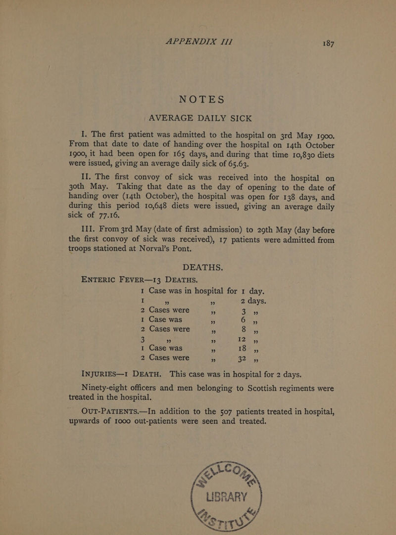 NO. E SS AVERAGE DAILY SICK I. The first patient was admitted to the hospital on 3rd May 1900. From that date to date of handing over the hospital on 14th October 1900, it had been open for 165 days, and during that time 10,830 diets were issued, giving an average daily sick of 65.63. II. The first convoy of sick was received into the hospital on 30th May. Taking that date as the day of opening to the date of handing over (14th October), the hospital was open for 138 days, and during this period 10,648 diets were issued, giving an average daily sick of 77.16. III. From 3rd May (date of first admission) to 29th May (day before the first convoy of sick was received), 17 patients were admitted from troops stationed at Norval’s Pont. DEATHS. ENTERIC FEVER—13 DEATHS. 1 Case was in hospital for 1 day. I nr ‘ 2 days. 2 Cases were Le I Case was - ne 2 Cases were 6 Bikes 3 ” ” 12 » 1 Case was ve ise. 2 Cases were es ee INJURIES—I DEATH. This case was in hospital for 2 days. Ninety-eight officers and men belonging to Scottish regiments were treated in the hospital. OUT-PATIENTS.—In addition to the 507 patients treated in hospital, upwards of 1000 out-patients were seen and treated. iff 2