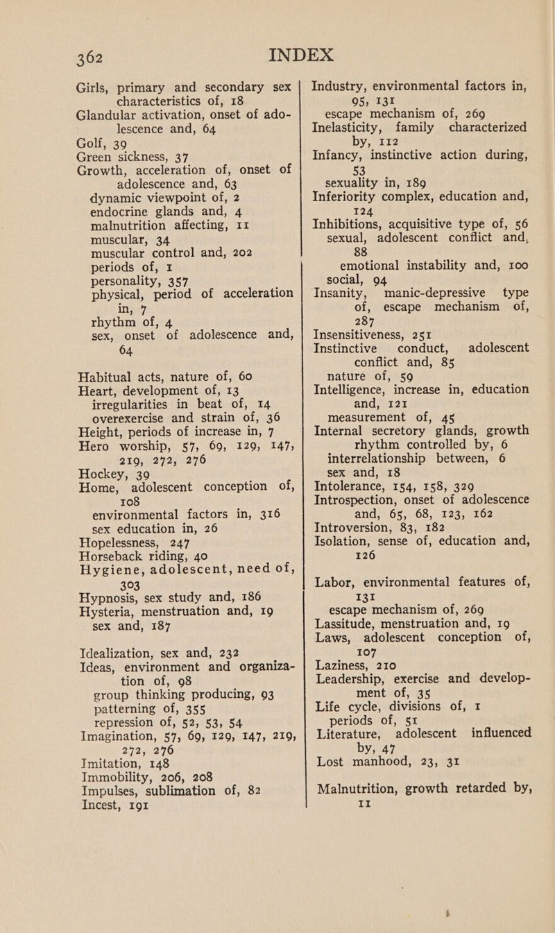 Girls, primary and secondary sex characteristics of, 18 Glandular activation, onset of ado- lescence and, 64 Golf, 39 Green sickness, 37 Growth, acceleration of, onset of adolescence and, 63 dynamic viewpoint of, 2 endocrine glands and, 4 malnutrition affecting, 11 muscular, 34 muscular control and, 202 periods of, 1 personality, 357 physical, period of acceleration in, 7 rhythm of, 4 sex, onset of adolescence and, 64 Habitual acts, nature of, 60 Heart, development of, 13 irregularities in beat of, 14 overexercise and strain of, 36 Height, periods of increase in, 7 Hero worship, 57, 69, 129, 147, 20,5272; 0276 Hockey, 39 Home, adolescent conception of, 108 environmental factors in, 316 sex education in, 26 Hopelessness, 247 Horseback riding, 40 Hygiene, adolescent, need of, 303 Hypnosis, sex study and, 186 Hysteria, menstruation and, 19 sex and, 187 Tdealization, sex and, 232 Ideas, environment and organiza- tion of, 98 group thinking producing, 93 patterning of, 355 repression of, 52, 53, 54 Imagination, 57, 69, 129, 147, 219, 272,.276 Tmitation, 148 Immobility, 206, 208 Impulses, sublimation of, 82 Incest, 191 Industry, environmental factors in, 95, 13% escape mechanism of, 269 Inelasticity, family characterized by, 1F2 Infancy, instinctive action during, 53, sexuality in, 189 Inferiority complex, education and, 124 Inhibitions, acquisitive type of, 56 sexual, adolescent conflict and, 88 emotional instability and, 100 social, 94 Insanity, manic-depressive type of, escape mechanism of, 287 Insensitiveness, 251 Instinctive conduct, adolescent conflict and, 85 nature of, 59 Intelligence, increase in, education and, 121 measurement of, 45 Internal secretory glands, growth rhythm controlled by, 6 interrelationship between, 6 sex and, 18 Intolerance, 154, 158, 329 Introspection, onset of adolescence and, 65, 68, 123, 162 Introversion, 83, 182 Isolation, sense of, education and, 126 Labor, environmental features of, 131 escape mechanism of, 269 Lassitude, menstruation and, 19 Laws, adolescent conception of, 107 Laziness, 210 Leadership, exercise and develop- ment of, 35 Life cycle, divisions of, 1 periods of, 51 Literature, adolescent by, 47 Lost manhood, 23, 31 influenced Malnutrition, growth retarded by, II