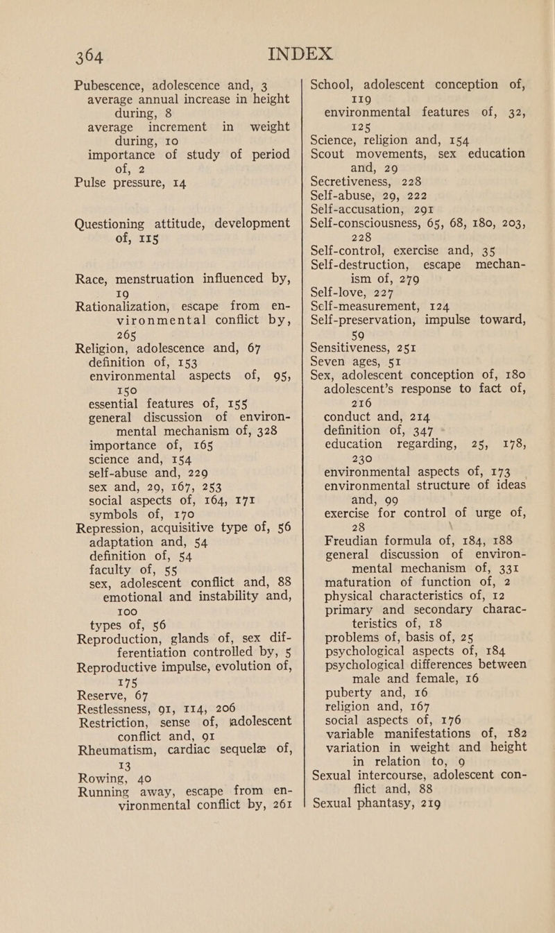 Pubescence, adolescence and, 3 average annual increase in height during, 8 average increment in weight during, 10 importance of study of period ol, 2 Pulse pressure, 14 Questioning attitude, development of, I15 Race, menstruation influenced by, 19 Rationalization, escape from en- vironmental conflict by, 265 Religion, adolescence and, 67 definition of, 153 environmental aspects of, 95, 150 essential features of, 155 general discussion of environ- mental mechanism of, 328 importance of, 165 science and, 154 self-abuse and, 229 sex and, 20, 167, 253 social aspects of, 164, 171 symbols of, 170 Repression, acquisitive type of, 56 adaptation and, 54 definition of, 54 faculty of, 55 sex, adolescent conflict and, 88 emotional and instability and, 100 types of, 56 Reproduction, glands of, sex dif- ferentiation controlled by, 5 Reproductive impulse, evolution of, 275 Reserve, 67 Restlessness, 91, I14, 206 Restriction, sense of, jadolescent conflict and, 91 Rheumatism, cardiac sequele of, 13 Rowing, 40 Running away, escape from en- vironmental conflict by, 261 School, adolescent conception of, 119 environmental features of, 32, I2k Science, religion and, 154 Scout movements, sex education and, 29 Secretiveness, 228 Self-abuse, 29, 222 Self-accusation, 291 Self-consciousness, 65, 68, 180, 203, 228 Self-control, exercise and, 35 Self-destruction, escape mechan- ism of, 279 Self-love, 227 Self-measurement, 124 Self-preservation, impulse toward, 59 Sensitiveness, 251 Seven ages, 51 Sex, adolescent conception of, 180 adolescent’s response to fact of, 216 conduct and, 214 definition of, 347 ° education regarding, 25, 230 environmental aspects of, 173 environmental structure of ideas 178, and, 99 exercise for control of urge of, 28 \ Freudian formula of, 184, 188 general discussion of environ- mental mechanism of, 331 maturation of function of, 2 physical characteristics of, 12 primary and secondary charac- teristics of, 18 problems of, basis of, 25 psychological aspects of, 184 psychological differences between male and female, 16 puberty and, 16 religion and, 167 social aspects of, 176 variable manifestations of, 182 variation in weight and height in relation to, 9 Sexual intercourse, adolescent con- flict and, 88 Sexual phantasy, 219