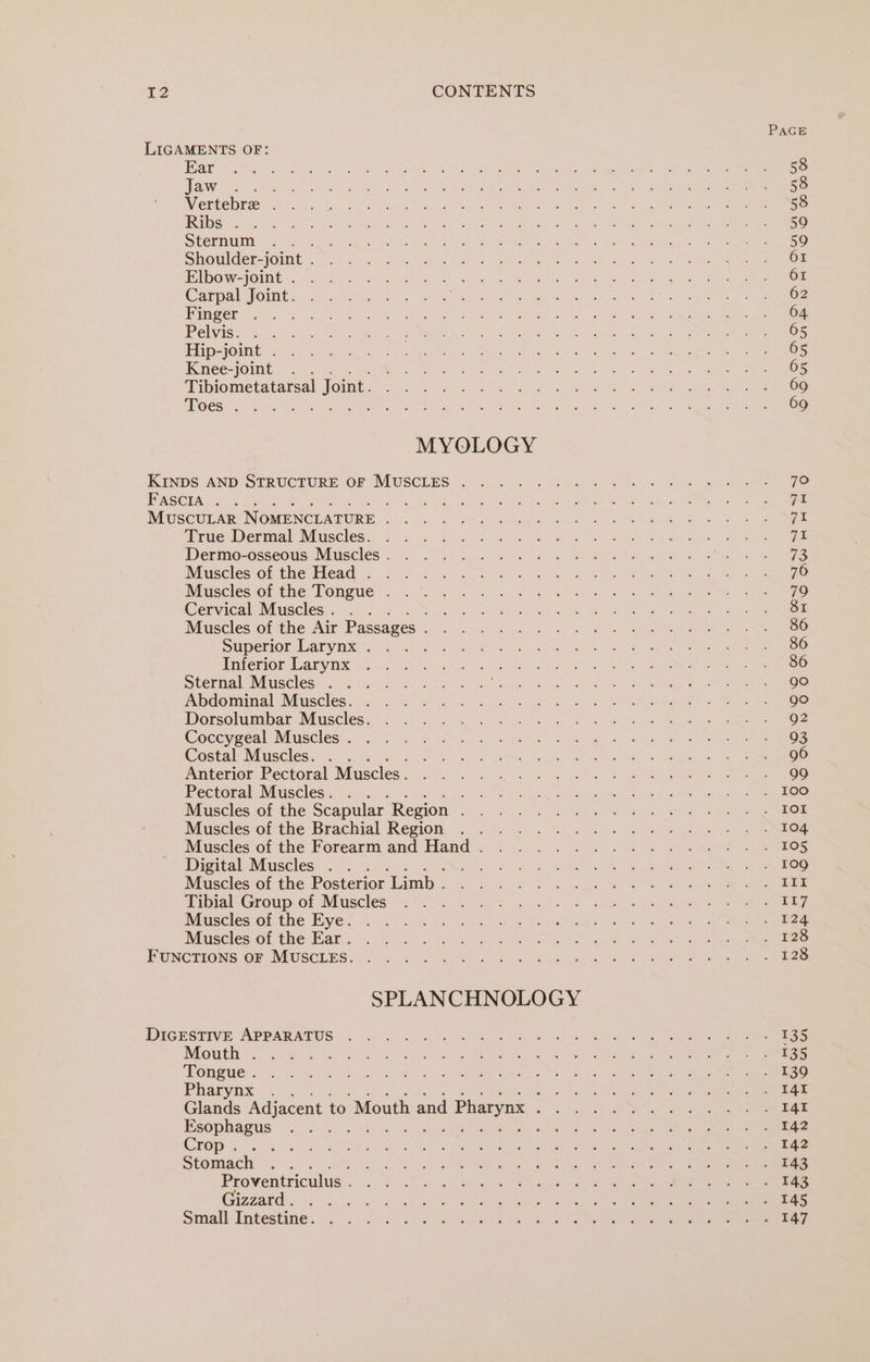 Ear paw fet Vertebre . Ribs . Sternum Shoulder-joint . Elbow-joint . Carpal Joint. Finger Pelvis. Hip-joint . Knee-joint ‘ Tibiometatarsal Joint. Toes . aera MYOLOGY True Dermal Muscles. Dermo-osseous Muscles . Muscles of the Head . Muscles of the Tongue . Cervical Muscles . ‘ ; Muscles of the Air Passages . Superior Larynx . Inferior Larynx Sternal Muscles . ‘ Abdominal Muscles. . Dorsolumbar Muscles. Coccygeal Muscles . Costal Muscles. Anterior Pectoral Muscles . Pectoral Muscles. Rete : Muscles of the Scapular Region : Muscles of the Brachial Region Muscles of the Forearm and Hand . Digital Muscles . ; ; Muscles of the Posterior Limb . Tibial Group of Muscles Muscles of the Eye. Muscles of the Ear . Mouth . Tongue . Pharynx Esophagus Crop. . Stomach Proventriculus . Gizzard . Small Intestine.