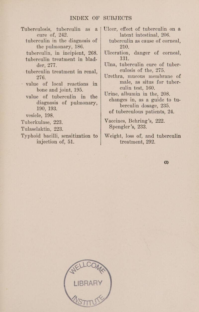 Tuberculosis, tuberculin as a eure of, 242. tuberculin in the diagnosis of the pulmonary, 186. tuberculin, in incipient, 268. tuberculin treatment in blad- der, 277. tuberculin treatment in renal, 276. ‘ value of local reactions in bone and joint, 195. value of tuberculin in the diagnosis of pulmonary, 190; 193. vesicle, 198. Tuberkulase, 223. Tulaselaktin, 223. Typhoid bacilli, sensitization to injection of, 51. XS Uleer, effect of tuberculin on a latent intestinal, 206. tuberculin as cause of corneal, 210. Ulceration, danger of corneal, 181. Ulna, tuberculin cure of tuber- culosis of the, 275. Urethra, mucous membrane of male, as situs for tuber- culin test, 160. Urine, albumin in the, 208. changes in, as a guide to tu- berculin dosage, 235. of tuberculous patients, 24. Vaccines, Behring’s, 222. Spengler’s, 233. Weight, loss of, and tubereulin treatment, 292. qi)
