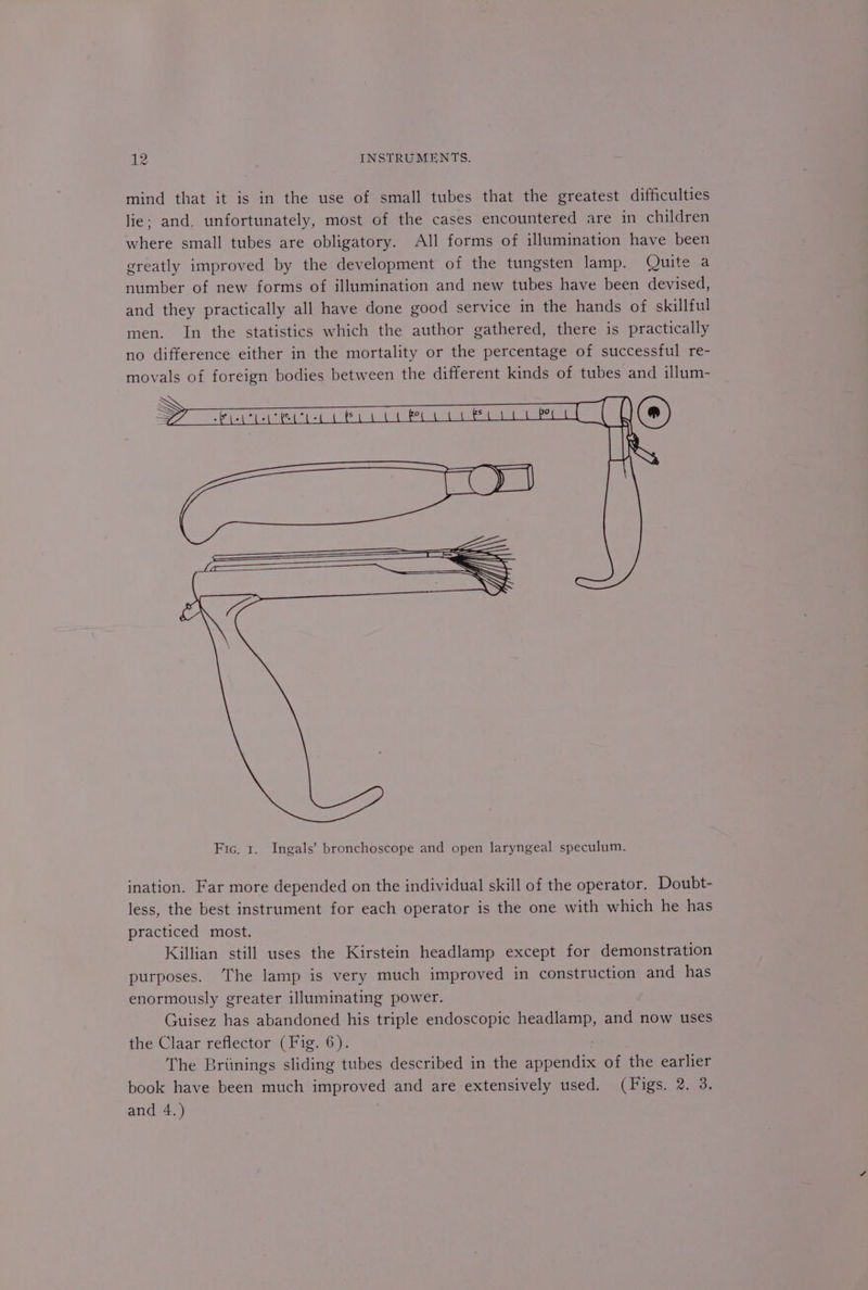 mind that it is in the use of small tubes that the greatest difficulties lie; and, unfortunately, most of the cases encountered are in children where small tubes are obligatory. All forms of illumination have been greatly improved by the development of the tungsten lamp. Quite a number of new forms of illumination and new tubes have been devised, and they practically all have done good service in the hands of skillful men. In the statistics which the author gathered, there is practically no difference either in the mortality or the percentage of successful re- movals of foreign bodies between the different kinds of tubes and illum- ination. Far more depended on the individual skill of the operator. Doubt- less, the best instrument for each operator is the one with which he has practiced most. Killian still uses the Kirstein headlamp except for demonstration purposes. The lamp is very much improved in construction and has enormously greater illuminating power. Guisez has abandoned his triple endoscopic headlamp, and now uses the Claar reflector (Fig. 6). The Britnings sliding tubes described in the appendix of the earlier book have been much improved and are extensively used. (Figs. 2. 3.