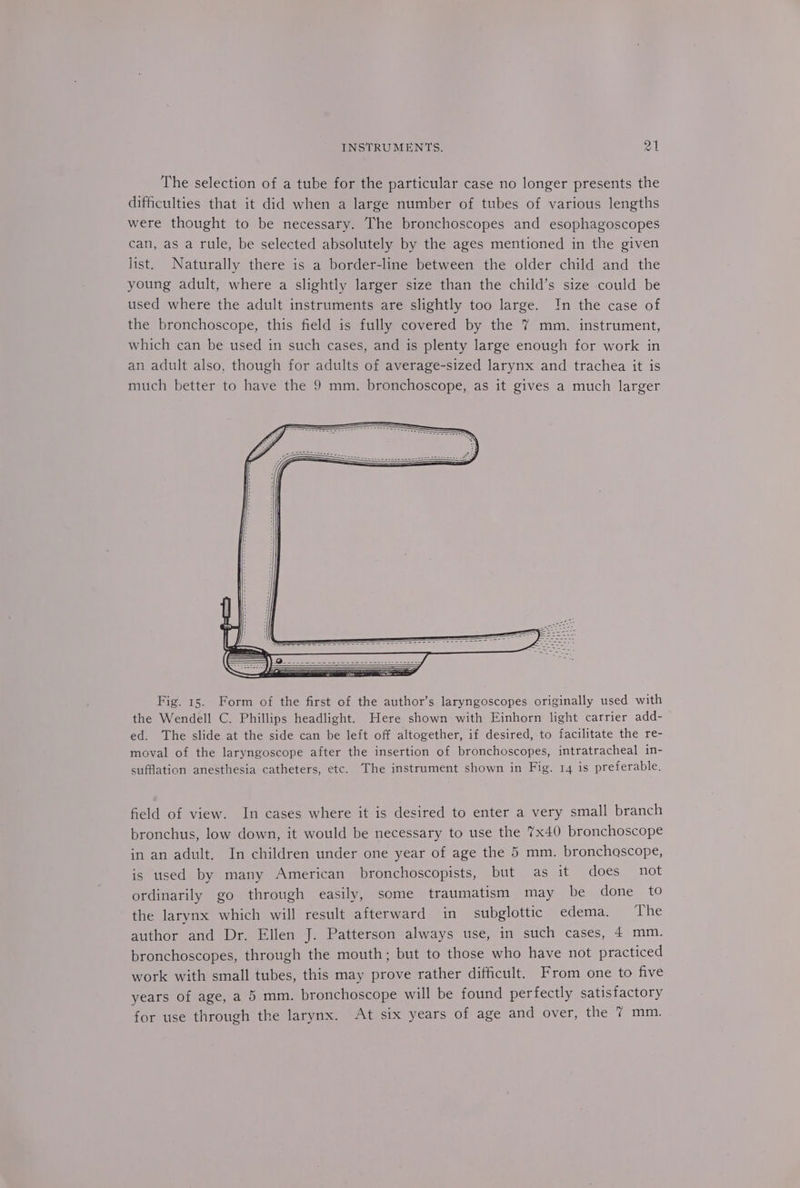 The selection of a tube for the particular case no longer presents the difficulties that it did when a large number of tubes of various lengths were thought to be necessary. The bronchoscopes and esophagoscopes can, as a rule, be selected absolutely by the ages mentioned in the given list. Naturally there is a border-line between the older child and the young adult, where a slightly larger size than the child’s size could be used where the adult instruments are slightly too large. In the case of the bronchoscope, this field is fully covered by the 7 mm. instrument, which can be used in such cases, and is plenty large enough for work in an adult also, though for adults of average-sized larynx and trachea it is much better to have the 9 mm. bronchoscope, as it gives a much larger Fig. 15. Form of the first of the author’s laryngoscopes originally used with the Wendell C. Phillips headlight. Here shown with Einhorn light carrier add- ed. The slide at the side can be left off altogether, if desired, to facilitate the re- moval of the laryngoscope after the insertion of bronchoscopes, intratracheal in- sufflation anesthesia catheters, etc. The instrument shown in Fig. 14 is preferable. field of view. In cases where it is desired to enter a very small branch bronchus, low down, it would be necessary to use the 7x40 bronchoscope in an adult. In children under one year of age the 5 mm. bronchascope, is used by many American bronchoscopists, but as it does not ordinarily go through easily, some traumatism may be done to the larynx which will result afterward in subglottic edema. The author and Dr. Ellen J. Patterson always use, in such cases, 4 mm. bronchoscopes, through the mouth; but to those who have not practiced work with small tubes, this may prove rather difficult. From one to five years of age, a 5 mm. bronchoscope will be found perfectly satisfactory for use through the larynx. At six years of age and over, the 7 mm.