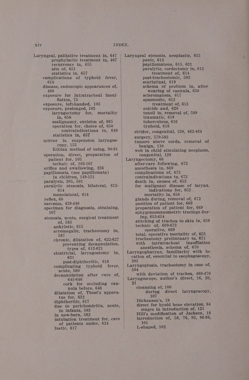 akg INDEX. Laryngeal, palliative treatment in, 647 Laryngeal stenosis, neoplastic, 615 prophylactic treatment in, 467 recurrence in, 655 site of, 651 statistics in, 657 complications of typhoid fever, 618 disease, endoscopic appearances of, 460 exposure for intratracheal insuf- flation, 75 exposure, left-handed, 103 exposure, prolonged, 103 laryngectomy for, mortality in, 656 malignancy, excision of, 665 operation for, choice of, 650 contraindications to, 649 statistics in, 657 mirror in suspension laryngos- copy, 153 Killian method of using, 90-91 operation, direct, preparation of patient for, 103 technic of, 103-107 orifice and swallowing, 236 papillomata (see papillomata) in children, 149-151 paralysis, 205, 501 paralytic stenosis, bilateral, 613- 614 monolateral, 614 reflex, 60 sarcoma, 439-440 specimen for diagnosis, obtaining, 107 stenosis, acute, surgical treatment of, 583 ankylotic, 615 acromegalic, tracheotomy in, 587 chronic, dilatation of, 622-627 preventing decannulation, types of, 612-621 cicatricial, laryngostomy in, panic, 612 papillomatous, 615, 631 paralytic, cordectomy in, 613 treatment of, 614 post-tracheotomic, 593 scarlatinal, 619 schema of problem in, after wearing of cannula, 630 scleromatous, 617 spasmodic, 613 treatment of, 613 suicide and, 620 tonsil in, removal of, 599 traumatic, 619 tuberculous, 616 typhoid, 618 stridor, congenital, 130, 462-464 surgery, 579-583 tumors above cords, removal of benign, 110 web in child simulating neoplasm, congenital, 129 after-care following, 672 anesthesia in, 669 complications of, 673 contraindications to, 672 death in, causes of, 653 for malignant disease of larynx. indications for, 652 , mortality in, 656 glands during, removal of, 672 position of patient for, 669 preparation of patient for, 669 sphygomomanometric tracings dur- ing, 653-654 stitching of trachea to skin in, 659 technic of, 669-673 operative, 669 total, operative mortality of, 653 tracheotomy preliminary to, 671 with intratracheal insufflation anesthesia, schema of, 670 631 cation of, essential to esophagoscopy, post-diphtheritic, 618 205 complicating typhoid fever, Laryngoptosis, tracheotomy in case of, acute, 580 594 decannulation after cure of, with deviation of trachea, 468-470 645-646 Laryngoscope, author’s direct, 16, 20, cork for occluding can- nula before, 646 dilatation of, Thost’s appara- tus for, 632 diphtheritic, 617 due to perichondritis, acute, in infants, 583 in new-born, 582 intubation treatment for, care of patients under, 624 luetic, 617 cleansing of, 100 during direct laryngoscopy, 107 Dickenson’s, 19 direct for hyoid bone elevation, 64 stages in introduction of, 121 Hills modification of Jackson, 18 introduction of, 58, 76, 92, 96-98, 101 L-shaped, 102