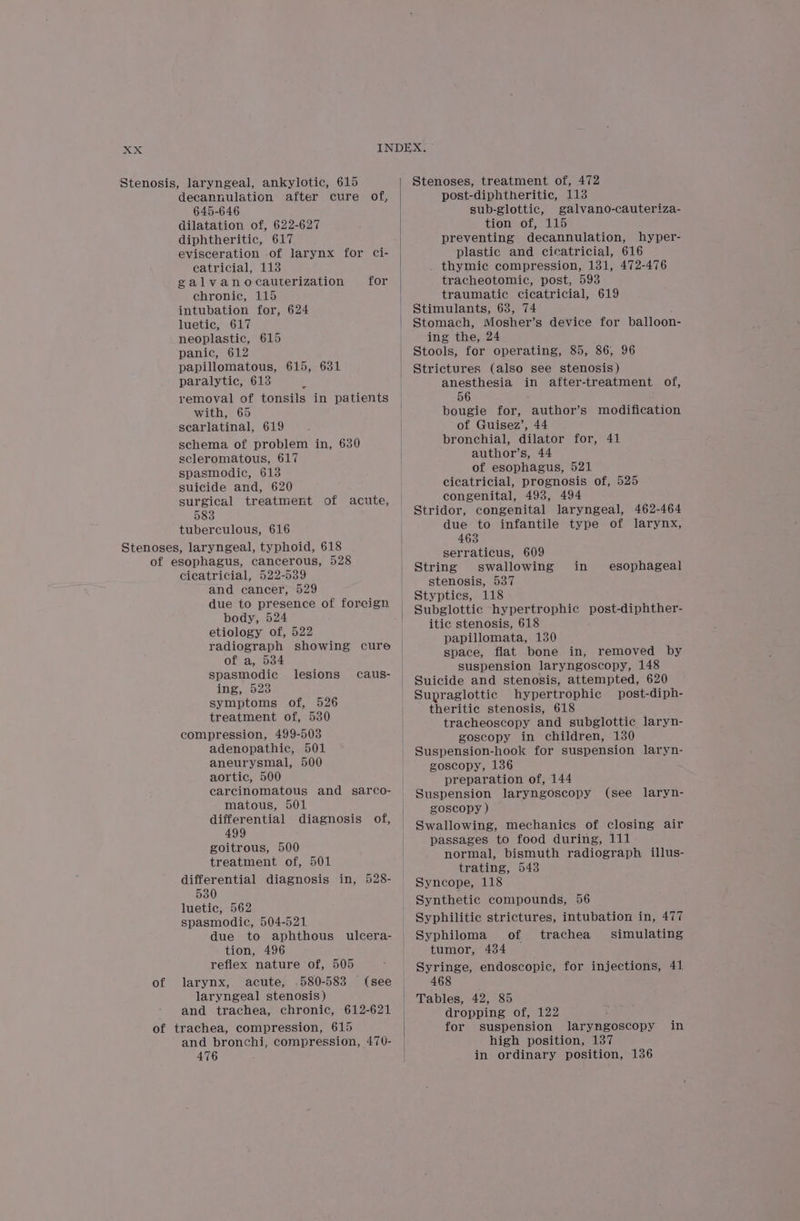 Stenosis, laryngeal, ankylotic, 615 decannulation after cure of, 645-646 dilatation of, 622-627 diphtheritic, 617 evisceration of larynx for Ci- eatricial, 113 galvanocauterization chronic, 115 intubation for, 624 luetic, 617 neoplastic, 615 panic, 612 papillomatous, 615, 631 paralytic, 613 t removal of tonsils in patients with, 65 searlatinal, 619 schema of problem in, 630 scleromatous, 617 spasmodic, 613 suicide and, 620 surgical treatment of acute, 583 tuberculous, 616 Stenoses, laryngeal, typhoid, 618 of esophagus, cancerous, 528 cicatricial, 522-539 and cancer, 529 due to presence of foreign body, 524 etiology of, 522 radiograph showing cure of a, 534 spasmodic ine, 523 symptoms of, 526 treatment of, 530 compression, 499-503 adenopathic, 501 aneurysmal, 500 aortic, 500 carcinomatous and sarco- matous, 501 differential diagnosis of, 499 goitrous, 500 treatment of, 501 differential diagnosis in, 528- 530 luetic, 562 spasmodic, 504-521 due to aphthous_ ulcera- for lesions caus- tion, 496 reflex nature of, 505 of larynx, acute, 580-583 (see laryngeal stenosis) and trachea, chronic, 612-621 of trachea, compression, 615 and bronchi, compression, 47U- 476 Stenoses, treatment of, 472 post-diphtheritic, 113 sub-glottic, galvano-cauteriza- tion of, 115 preventing decannulation, hyper- plastic and cicatricial, 616 thymic compression, 131, 472-476 tracheotomic, post, 593 traumatic cicatricial, 619 Stimulants, 63, 74 Stomach, Mosher’s device for palloon- ing the, 24 Stools, for operating, 85, 86, 96 Strictures (also see stenosis) anesthesia in after-treatment of, 56 bougie for, author’s modification of Guisez’, 44 bronchial, dilator for, 41 author’s, 44 of esophagus, 521 cicatricial, prognosis of, 525 congenital, 493, 494 Stridor, congenital laryngeal, 462-464 due to infantile type of larynx, 463 serraticus, 609 String swallowing stenosis, 537 Styptics, 118 Subglottic hypertrophic vor -diphther- itic stenosis, 618 papillomata, 130 space, flat bone in, removed by suspension laryngoscopy, 148 Suicide and stenosis, attempted, 620 Supraglottic hypertrophic post-diph- theritic stenosis, 618 tracheoscopy and subglottic laryn- goscopy in children, 130 Suspension-hook for suspension laryn- goscopy, 136 preparation of, 144 Suspension laryngoscopy (see laryn- goscopy ) Swallowing, mechanics of closing air passages to food during, 111 normal, bismuth radiograph illus- trating, 543 Syncope, 118 Synthetic compounds, 56 Syphilitic strictures, intubation in, 477 Syphiloma of trachea simulating tumor, 434 Syringe, endoscopic, for injections, 41 468 Tables, 42, 85 dropping of, 122 for suspension laryngoscopy high position, 137 in ordinary position, 136 in esophageal in