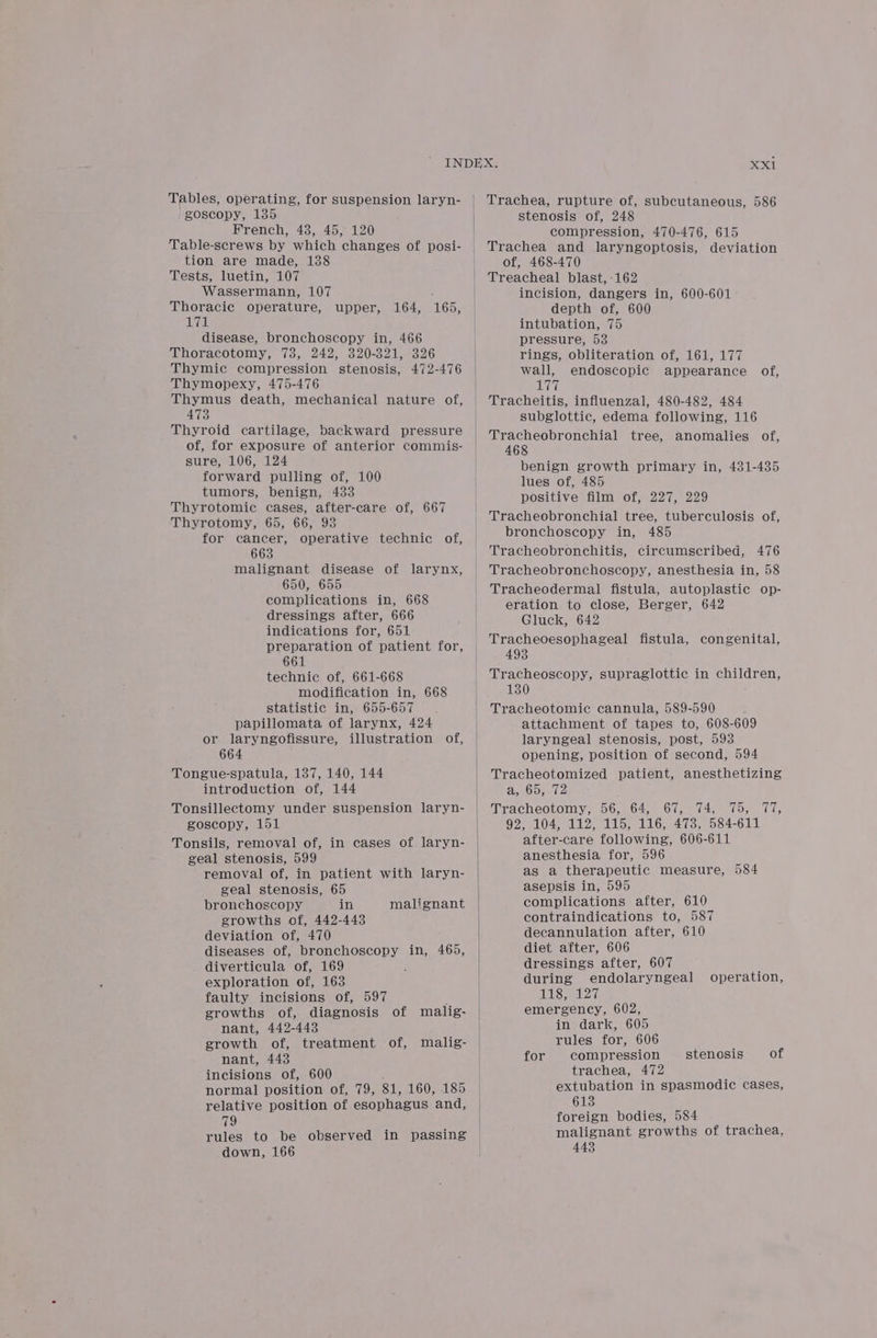 Tables, operating, for suspension laryn- goscopy, 135 French, 48, 45, 120 Table-screws by which changes of posi- tion are made, 138 Tests, luetin, 107 Wassermann, 107 Thoracic operature, neal disease, bronchoscopy in, 466 Thoracotomy, 73, 242, 320-321, 326 Thymic compression stenosis, 472-476 Thymopexy, 475-476 Thymus death, mechanical nature of, 473 Thyroid cartilage, backward pressure of, for exposure of anterior commis- sure, 106, 124 forward pulling of, 100 tumors, benign, 433 Thyrotomic cases, after-care of, 667 Thyrotomy, 65, 66, 93 for cancer, operative technic of, 663 malignant disease of larynx, 650, 655 complications in, 668 dressings after, 666 indications for, 651 preparation of patient for, 661 technic of, 661-668 modification in, 668 statistic in, 655-657 papillomata of larynx, 424 or laryngofissure, illustration of, 664 Tongue-spatula, 137, 140, 144 introduction of, 144 Tonsillectomy under suspension laryn- goscopy, 151 Tonsils, removal of, in cases of. laryn- geal stenosis, 599 removal of, in patient with laryn- geal stenosis, 65 bronchoscopy in growths of, 442-443 deviation of, 470 diseases of, bronchoscopy in, 465, diverticula of, 169 exploration of, 163 faulty incisions of, 597 ; growths of, diagnosis of malig- nant, 442-443 growth of, treatment of, malig- nant, 443 incisions of, 600 normal position of, 79, 81, 160, 185 relative position of esophagus and, t&amp;) rules to be observed in passing down, 166 upper, 164, 165, malignant | XX1 Trachea, rupture of, subcutaneous, 586 stenosis of, 248 compression, 470-476, 615 Trachea and laryngoptosis, deviation of, 468-470 Treacheal blast, -162 incision, dangers in, 600-601 depth of, 600 intubation, 75 pressure, 53 rings, obliteration of, 161, 177 wall, endoscopic appearance of, vas Tracheitis, influenzal, 480-482, 484 subglottic, edema following, 116 Tracheobronchial tree, anomalies of, 468 benign growth primary in, 431-435 lues of, 485 positive film of, 227, 229 Tracheobronchial tree, tuberculosis of, bronchoscopy in, 485 Tracheobronchitis, circumscribed, 476 Tracheobronchoscopy, anesthesia in, 58 Tracheodermal fistula, autoplastic op- eration to close, Berger, 642 Gluck, 642 Tracheoesophageal fistula, congenital, 493 Tracheoscopy, supraglottic in children, 130 Tracheotomic cannula, 589-590 attachment of tapes to, 608-609 laryngeal stenosis, post, 593 opening, position of second, 594 Tracheotomized patient, anesthetizing a OY, Wes Tracheotomy, 56, 64, 67, 74, 75, 17, 92, 104, 112, 115, 116, 478, 584-611 after-care following, 606-611 anesthesia for, 596 as a therapeutic measure, 584 asepsis in, 595 complications after, 610 contraindications to, 587 decannulation after, 610 diet after, 606 dressings after, 607 during endolaryngeal 118) 127 emergency, 602, in dark, 605 rules for, 606 compression trachea, 472 extubation in spasmodic cases, 613 foreign bodies, 584 malignant growths of trachea, 443 operation, for stenosis of