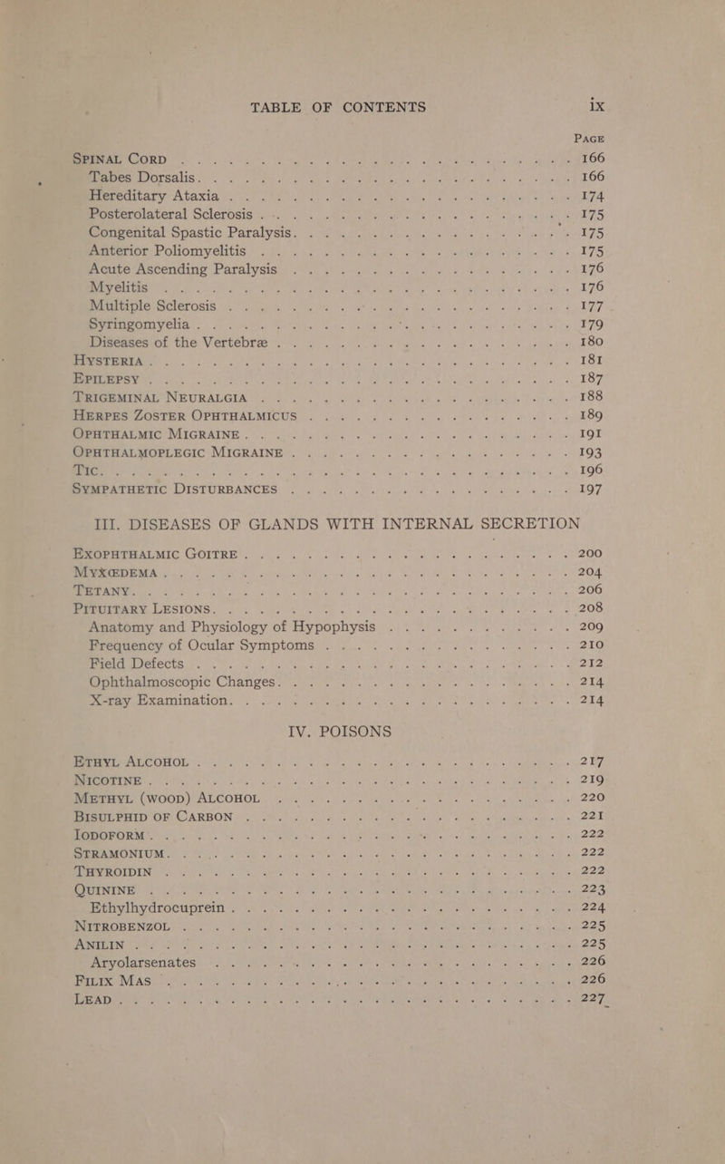 PAGE EIT TS Sco dnc A) eee eB Ae Mea deren Pe isd col ae OO ee Ursa ice 2 tes 2 ooh eee, Wee ot ire elem See: oon ears a eT OO SEA gS ESE MRD ty Aye Rip oe WP STOR epee ROI Sa PRUPIOD fy Pee EtG CELAL SOLCTOSIS Norss)&lt; (a Mee eer ae ee “es hy Seeks BOM TS Mee nite! Goastic Patalyais. (0) et es eee me es oe ETS BepverI OP COUONIVeNtis (oka a hag iy Qeaene, «Gy ote eter ryt ao ta cL TS orem msrercine Patalyciee, Ut are we fin ewe lato bar ys pay STO Myelitis ... Fe te hee Cee ee ee ee Ce ee eel gaa 276 Multiple Baer nck cere a ea ew A Bismeniee! Were L Llc cins) yondaly’ Sip Ege SREY Ciel | 0 WRN RS, ec a ca Rha ag ore ay oy AE eeme sit CGV Crbennes ea Gs ee eee ee ce ok ele NS hea ee EO REPO a 55h ka ena) ee a, aad We es ok We woh Gong Fe ie ot ees AY) LOR EPILEPSY... . A SR haha DD AN eA Re ee ee OH TRIGEMINAL esis pier ae a ae 2 See vel Or aeebteeh, Ey ah Saar ROO GEIS POSTER CIPOTHAEMICUS... 6400 gol la a ieee ia ete 4 d89 PEAR ISIMS COL EGWAING 0 tho had Bk, umaeieds Pade Cale HT glee OT OE POAS UPL BIC SNIIGRAINE. “20.8 5 ns Joe Sai apes Me ae en TQS NE ME are PC OM ony UN RR ar ie ue oh eee karin wie ee kU Seer eer COTS TURBANCES. oe uc) ta) Matte! sete Me es eee We ge eek III. DISEASES OF GLANDS WITH INTERNAL SECRETION RCRRRE TOMI CSTE Me aig. ks ties Get eal ele Rawal eta a SOO SURETY RN alk MOR lg! a tare dee ee Oat ea? Ko 2k aw, Ne ee OF EEANY. . . . Bi ee Me mean! Oh) EAA Py irae gee men Cera SCID PITUITARY LESIONS. ie Peon pe eae Re OS Anatomy and Physiology of Hevaniiyes ee a vn Wem rie oen atte 200 fieanenoy Or Ocular Symptomes: Go. Shi a IO Field Defects .. . Laer Mee oo Bo en Sera ae mere gee Be Ophthalmoscopic CHatives eb I ae a = aa a a ut a Peer PAniiAwOs or ye eA el ay ae epee ed Dee eke IV. POISONS Saye) ie) Ae Bae ee ae te ee eT eS. RCRD. ’/ MTOOUINE . 2% . 3 BAe ed ils? ieerum enter SER ame CF METHYL (woop) Biboron MeN ah, A Wb iD Re MR RNC cet ee 20 Mey CO ARGON 0.04, 0. ted ak eae cht ele ete ee we QT MME KA ore Blo i areg hy! em ct Nid te eee leet anata 5 veges eldan Ay oe’, «BORE SRE MECASOT CURE eS eae CER ch cs istedy Th, Ge AH sD Neen oe eee Wh! al a ae Kobi SES UMEECI CADIS Oa) Opn eee et Clee Ns opel Tecan ta reer Gee erties UA RE pty AOL cs eae ag See QUININE . . Bh RTE Sill 2 ati) a GT PNET a4 bul a RON, lass SS oo ee een Sed SEO ie CRY EO ae Oe Oriel are a a ee DEVE ENZOIL tee Oy oe, ea ee el) a egies Cah ae OPA ste c. Ad ie Reka eS DEERE Gye) nse ey ie el yteteee ccna ss cae a eco eat Ses W Female Mt Ao oss Chaluany ea y POE TORTUAUEE ha) F ai tac rem Rs eNe Ue ae am NM, Sige hc cdne ay tt ad” lve gw ee SOME A Gia, tet gc ots: eh aa GEA) ae Sty) Oe taney SP lide Reet meade Se dy ae He Pa BS. les Mira a SI OG he a NM FAROE ARtres (oy Stet N RE pFLa Mee Gy Op