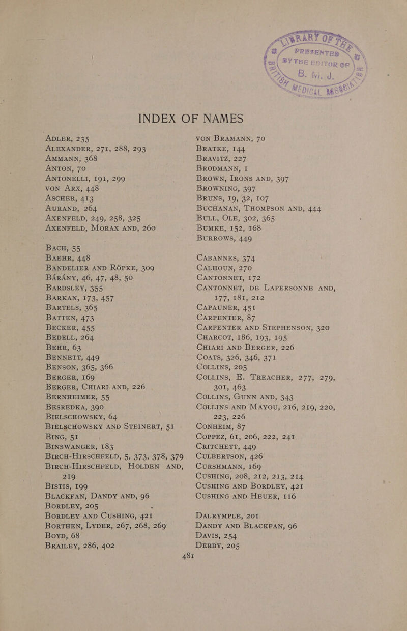 ee eS BARS OF F » re ‘ ADLER, 235 . ALEXANDER, 271, 288, 293 AMMANN, 368 ANTON, 70 ANTONELLI, I9I, 299 von ARX, 448 ASCHER, 413 AURAND, 264 AXENFELD, 249, 258, 325 AXENFELD, MORAX AND, 260 BACH, 55 BAEHR, 448 BANDELIER AND ROPKE, 309 BARANY, 46, 47, 48, 50 BARDSLEY, 355 BARKAN, 173, 457 BARTELS, 365 BATTEN, 473 BECKER, 455 BEDELL, 264 BEHR, 63 BENNETT, 449 BENSON, 365, 366 BERGER, 169 BERGER, CHIARI AND, 226 BERNHEIMER, 55 BESREDKA, 390 BIELSCHOWSKY, 64 BIELSCHOWSKY AND STEINERT, 51 BING, 51 BINSWANGER, 183 BircH-HIRSCHFELD, 5, 373, 378, 379 BirRCH-HIRSCHFELD, HOLDEN AND, 219 BIsTIS, 199 BLACKFAN, DANDY AND, 96 BORDLEY, 205 BORDLEY AND CUSHING, 421 BorRTHEN, LYDER, 267, 268, 269 Boyp, 68 BRAILEY, 286, 402 481 VON BRAMANN, 70 BRATKE, 144 BRAVITZ, 227 BRODMANN, I BROWN, IRONS AND, 397 BROWNING, 397 BRUNS, 19, 32, 107 BUCHANAN, THOMPSON AND, 444 BUM OLE 302; '365 BUMKE, 152, 168 BURROWS, 449 CABANNES, 374 CALHOUN, 270 CANTONNET, 172 CANTONNET, DE LAPERSONNE AND, 1777 Lol eare CAPAUNER, 451 CARPENTER, 87 CARPENTER AND STEPHENSON, 320 CHARCOT, 186, 193, 195 CHIARI AND BERGER, 226 COATS, 326,346, 371 COLLINS, 205 COLLINS, E. YREACHER, 277; 279, 301, 463 COLLINS, GUNN AND, 343 COLLINS AND MAYOU, 216, 219, 220, 22% 5226 CONHEIM, 87 COPPEZ. OT, 200,222,245 CRITCHETT, 449 CULBERTSON, 426 CURSHMANN, 169 CUSHING, 208, 212, 213, 214 CUSHING AND BORDLEY, 421 CUSHING AND HEUER, I16 DALRYMPLE, 201 DANDY AND BLACKFAN, 96 DaAvIS, 254 DERBY, 205