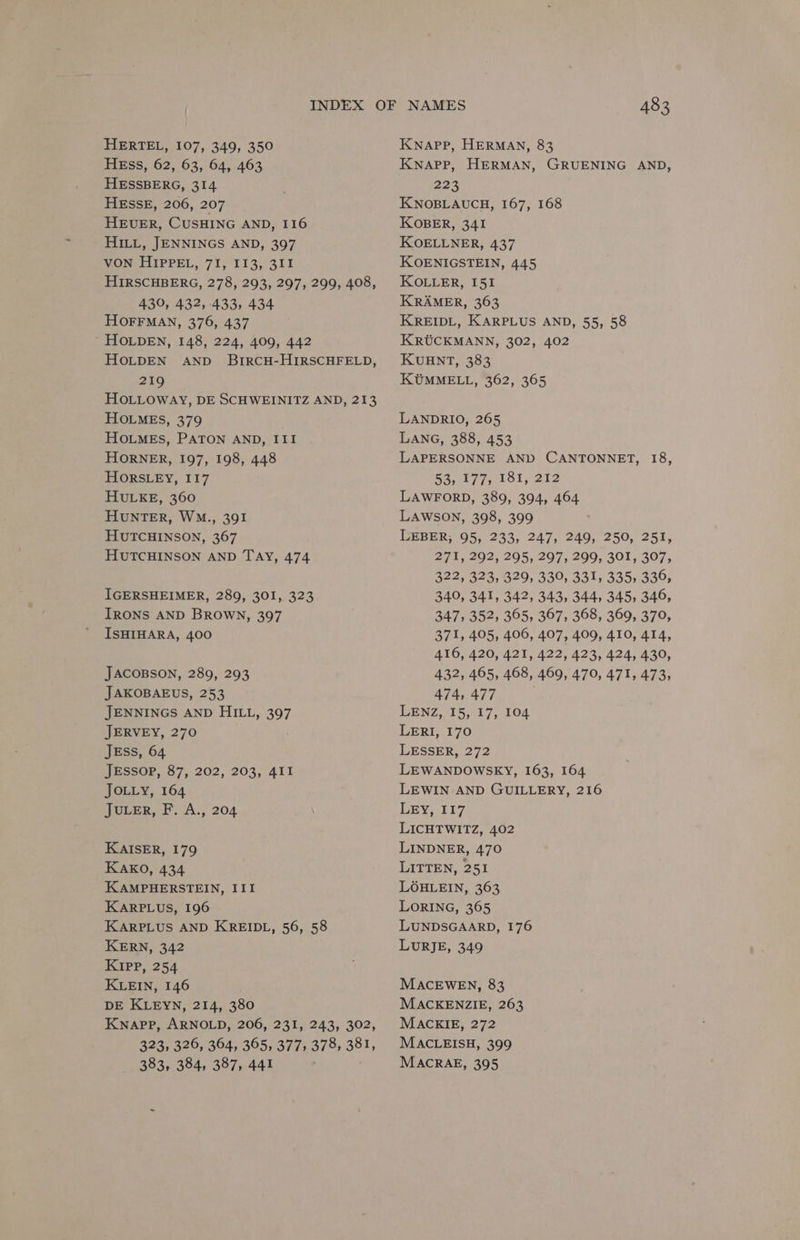 HEss, 62, 63, 64, 463 HESSBERG, 314 HESSE, 206, 207 HEUER, CUSHING AND, 116 HILL, JENNINGS AND, 397 VON HIPPEL, 71, I13, 3II HIRSCHBERG, 278, 293, 297, 299, 408, 430, 432, 433, 434 HOFFMAN, 376, 437 ’ HOLDEN, 148, 224, 409, 442 HOLDEN AND BrIRCH-HIRSCHFELD, 219 HOLLOWAY, DE SCHWEINITZ AND, 213 HOLMES, 379 HOLMES, PATON AND, III HORNER, 197, 198, 448 HORSLEY, 117 HULKE, 360 HUNTER, WM., 391 HUTCHINSON, 367 HUTCHINSON AND TAY, 474 IGERSHEIMER, 289, 301, 323 IRONS AND BROWN, 397 ISHIHARA, 400 JACOBSON, 289, 293 JAKOBAEUS, 253 JENNINGS AND HILL, 397 JERVEY, 270 JESS, 64 JESSOP, 87, 202, 203, 4II JOLLY, 164 JULER, F. A., 204 KAISER, 179 Kako, 434 KAMPHERSTEIN, III KARPLUS, 196 KARPLUS AND KREIDL, 56, 58 KERN, 342 Kipp, 254 KLEIN, 146 DE KLEYN, 214, 380 Knapp, ARNOLD, 206, 231, 243, 302, 323, 326, 364, 365, 377, 378, 381, 383, 384, 387, 441 | 483 Knapp, HERMAN, GRUENING AND, 223 KNOBLAUCH, 167, 168 KOBER, 341 KOELLNER, 437 KOENIGSTEIN, 445 KOLLER, I51 KRAMER, 363 KREIDL, KARPLUS AND, 55, 58 KRUCKMANN, 302, 402 KUHNT, 383 KUMMELL, 362, 365 LANDRIO, 265 LANG, 388, 453 LAPERSONNE AND CANTONNET, 18, 53, 177, 181, 212 LAWFORD, 389, 394, 464 Lawson, 398, 399 LEBER; 95, 233, 247, 249, 250, 251, 271, 292, 295, 297, 299, 301, 307, 322, 323, 329, 330, 331, 335, 336, 340, 341, 342, 343, 344, 345, 346, 347, 352, 365, 367, 368, 369, 370, 371, 405, 406, 407, 409, 410, 414, 416, 420, 421, 422, 423, 424, 430, 432, 465, 468, 469, 470, 471, 473, 474, 477 LENZ, 15, 17, 104 LERI, 170 LESSER, 272 LEWANDOWSKEY, 163, 164 LEWIN AND GUILLERY, 216 LEY, II7 LICHTWITZ, 402 LINDNER, 470 LITTEN, 251 LOHLEIN, 363 LORING, 365 LUNDSGAARD, 176 LURJE, 349 MACEWEN, 83 MACKENZIE, 263 MACKIE, 272 MACLEISH, 399 MACRAE, 395