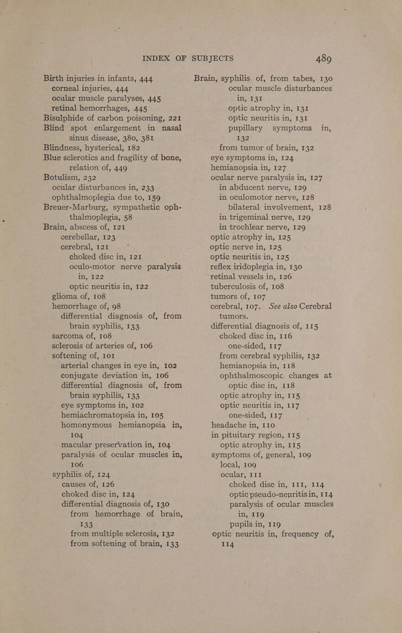 Birth injuries in infants, 444 corneal injuries, 444 ocular muscle paralyses, 445 retinal hemorrhages, 445 Bisulphide of carbon poisoning, 221 Blind spot enlargement in nasal Sinus disease, 380, 381 Blindness, hysterical, 182 Blue sclerotics and fragility of bone, relation of, 449 Botulism, 232 ocular disturbances in, 233 ophthalmoplegia due to, 159 Breuer-Marburg, sympathetic oph- thalmoplegia, 58 Brain, abscess of, 121 cerebellar, 123 cerebral, 121 choked disc in, 121 oculo-motor nerve paralysis im, 122 optic neuritis in, 122 glioma of, 108 differential diagnosis of, from brain syphilis, 133 sarcoma of, 108 sclerosis of arteries of, 106 softening of, 101 arterial changes in eye in, 102 conjugate deviation in, 106 brain syphilis, 133 eye symptoms in, 102 hemiachromatopsia in, 105 homonymous hemianopsia in, 104 macular preservation in, 104 paralysis of ocular muscles in, 106 syphilis of, 124 causes of, 126 choked disc in, 124 differential diagnosis of, 130 from hemorrhage of brain, 133 from multiple sclerosis, 132 from softening of brain, 133 489 Brain, syphilis of, from tabes, 130 ocular muscle disturbances iat 35 optic atrophy in, 131 optic neuritis in, 131 pupillary symptoms in, 132 from tumor of brain, 132 eye symptoms in, 124 hemianopsia in, 127 ocular nerve paralysis in, 127 in abducent nerve, 129 in oculomotor nerve, 128 bilateral involvement, 128 in trigeminal nerve, 129 in trochlear nerve, 129 optic atrophy in, 125 optic nerve in, 125 optic neuritis in, 125 reflex iridoplegia in, 130 retinal vessels in, 126 tuberculosis of, 108 tumors of, 107 tumors. differential diagnosis of, II5 choked disc in, 116 one-sided, 117 from cerebral syphilis, 132 hemianopsia in, 118 ophthalmoscopic changes at optic disc in, 118 optic atrophy in, 115 optic neuritis in, 117 one-sided, 117 headache in, 110 in pituitary region, 115 optic atrophy in, 115 symptoms of, general, 109 local, 109 ocular, III choked dise in, I1I, I14 optic pseudo-nenritisin, 114 paralysis of ocular muscles in, 119 pupils in, 119 optic neuritis in, frequency of, 114