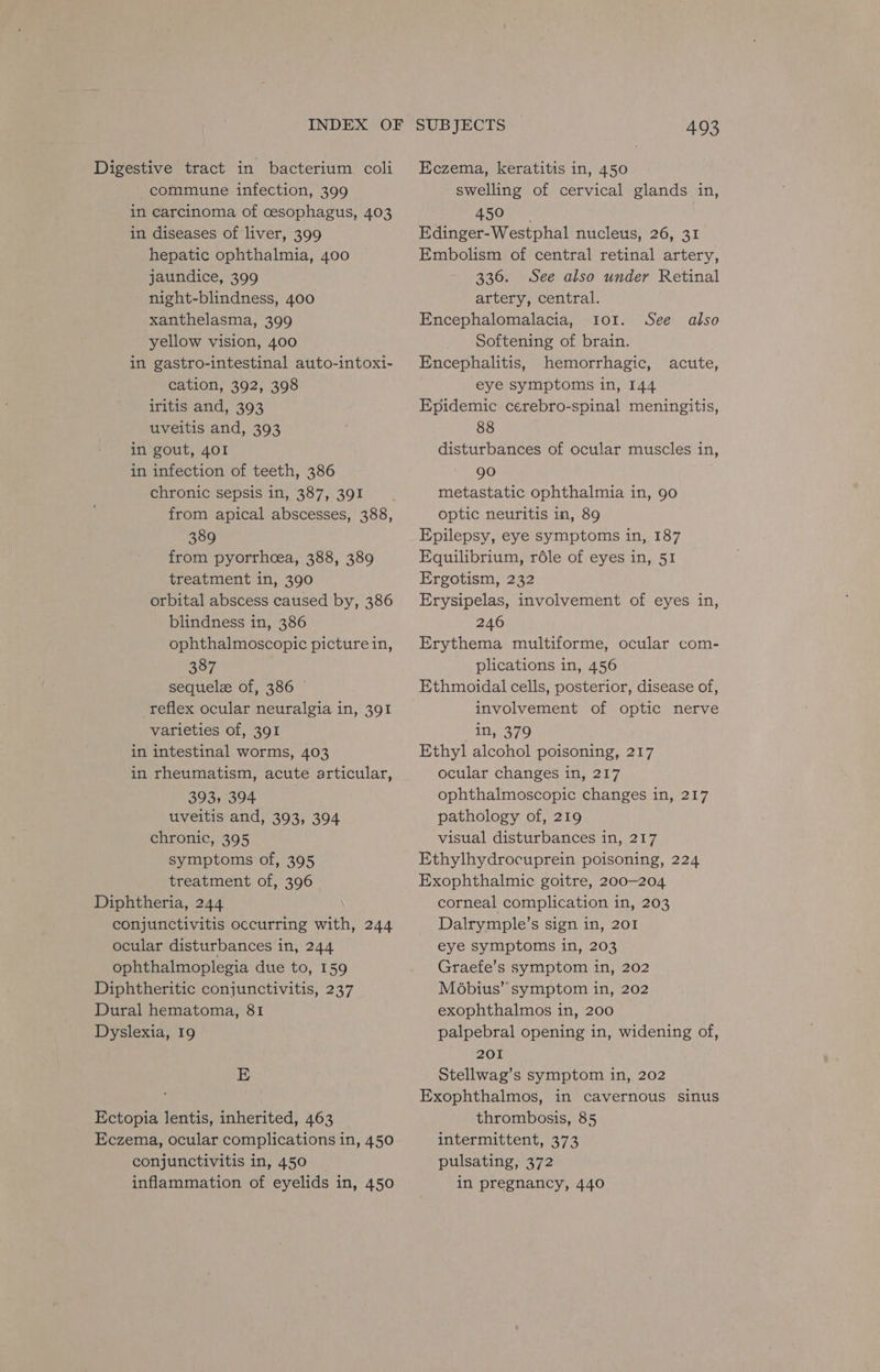 Digestive tract in bacterium coli commune infection, 399 in carcinoma of cesophagus, 403 in diseases of liver, 399 hepatic ophthalmia, 400 jaundice, 399 night-blindness, 400 xanthelasma, 399 yellow vision, 400 in gastro-intestinal auto-intoxi- cation, 392, 398 iritis and, 393 uveitis and, 393 in gout, 401 in infection of teeth, 386 chronic sepsis in, 387, 391 from apical abscesses, 388, 389 from pyorrhea, 388, 389 treatment in, 390 orbital abscess caused by, 386 blindness in, 386 ophthalmoscopic picture in, 387 sequela of, 386 © reflex ocular neuralgia in, 391 varieties of, 391 in intestinal worms, 403 in rheumatism, acute articular, 393, 394 uveitis and, 393, 394 chronic, 395 symptoms of, 395 treatment of, 396 Diphtheria, 244 conjunctivitis occurring with, 244 ocular disturbances in, 244 ophthalmoplegia due to, 159 Diphtheritic conjunctivitis, 237 Dural hematoma, 81 Dyslexia, 19 E Ectopia lentis, inherited, 463 Eczema, ocular complications in, 450 conjunctivitis in, 450 inflammation of eyelids in, 450 SUBJECTS A93 Eczema, keratitis in, 450 swelling of cervical glands in, 450 | Edinger-Westphal nucleus, 26, 31 Embolism of central retinal artery, 336. See also under Retinal artery, central. Encephalomalacia, 101. See also _ Softening of brain. Encephalitis, hemorrhagic, acute, eye symptoms in, 144 Epidemic cerebro-spinal meningitis, 88 disturbances of ocular muscles in, 90 metastatic ophthalmia in, 90 optic neuritis in, 89 Epilepsy, eye symptoms in, 187 Equilibrium, réle of eyes in, 51 Ergotism, 232 Erysipelas, involvement of eyes in, 246 Erythema multiforme, ocular com- plications in, 456 Ethmoidal cells, posterior, disease of, involvement of optic nerve in, 379 Ethyl alcohol poisoning, 217 ocular changes in, 217 ophthalmoscopic changes in, 217 pathology of, 219 visual disturbances in, 217 Ethylhydrocuprein poisoning, 224 Exophthalmic goitre, 200-204 corneal complication in, 203 Dalrymple’s sign in, 201 eye symptoms in, 203 Graefe’s symptom in, 202 Mobius’ symptom in, 202 exophthalmos in, 200 palpebral opening in, widening of, 201 Stellwag’s symptom in, 202 Exophthalmos, in cavernous sinus thrombosis, 85 intermittent, 373 pulsating, 372 in pregnancy, 440