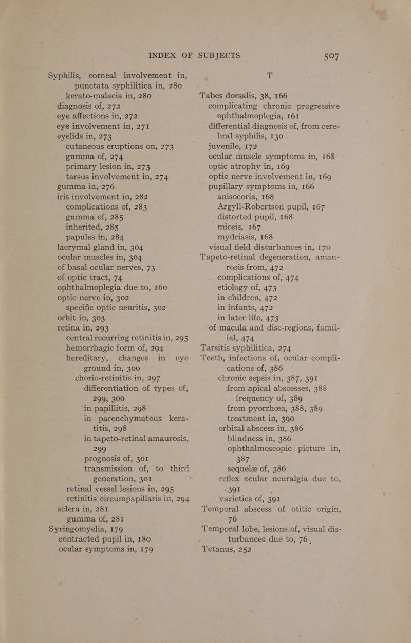 Syphilis, corneal involvement in, punctata syphilitica in, 280 kerato-malacia in, 280 diagnosis of, 272 eye affections.in, 272 eye involvement in, 271 eyelids in, 273 cutaneous eruptions on, 273 gumma of, 274 primary lesion in, 273 tarsus involvement in, 274 gumma in, 276 iris involvement in, 282 complications of, 283 gumma of, 285 inherited, 285 papules in, 284 lacrymal gland in, 304 ocular muscles in, 304 - of basal ocular nerves, 73 of optic tract, 74 ophthalmoplegia due to, 160 optic nerve in, 302 specific optic neuritis, 302 orbit in, 303 retina in, 293 central recurring retinitis in, 295 hemorrhagic form of, 294 hereditary, changes in ground in, 300 chorio-retinitis in, 297 differentiation of types of, 299, 300 in papillitis, 298 in parenchymatous kera- titis, 298 in tapeto-retinal amaurosis, 299 prognosis of, 301 transmission of, to third generation, 301 retinal vessel lesions in, 295 retinitis circumpapillaris in, 294 sclera in, 281 gumma of, 281 Syringomyelia, 179 contracted pupil in, 180 ocular symptoms in, 179 eye SUBJECTS — 507 Ai Tabes dorsalis, 38, 166 complicating chronic progressive ophthalmoplegia, 161 differential diagnosis of, from cere- bral syphilis, 130 juvenile, 172 ocular muscle symptoms in, 168 optic atrophy in, 169 optic nerve involvement in, 169 pupillary symptoms in, 166 anisocoria, 168 Argyll-Robertson pupil, 167 distorted pupil, 168 miosis, 167 mydriasis, 168 visual field disturbances in, 170 Tapeto-retinal degeneration, amau- rosis from, 472 complications of, 474 etiology of, 473 in children, 472 in infants, 472 in later life, 473 of macula and disc-regions, famil- ial, 474 Tarsitis syphilitica, 274 Teeth, infections of, ocular compli- cations of, 386 chronic sepsis in, 387, 391 from apical abscesses, 388 frequency of, 389 from pyorrhoea, 388, 389 treatment in, 390 orbital abscess in, 386 blindness in, 386 ophthalmoscopic picture in, 387 sequele of, 386 reflex ocular neuralgia due to, -391 / varieties of, 391 Temporal abscess of otitic origin, 76 Temporal lobe, lesions.of, visual dis- turbances due to, 76, Tetanus, 252