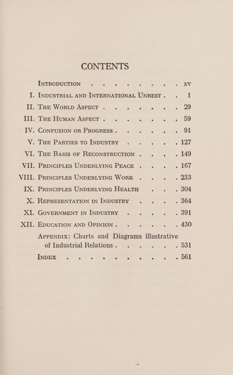 CONTENTS ENTRODUCTION—@ og a te err OS ey . INDUSTRIAL AND INTERNATIONAL UNREST... 1 » DEE WORED = ySPROR) coo! get og OO . PRINCIPLES UNDERLYING WORK . . .. . dod . PRINCIPLES UNDERLYING HEALTH gee Oe . REPRESENTATION IN INDUSTRY: . . .. . 364 . GOVERNMENT IN INDUSTRY . . . . .do91 s EDUCATION. AND OPINION: 3) 6 feces 4. 450 APPENDIX: Charts and Diagrams illustrative of Industrial Relations) Si 45..0 2.0. 2 O31 Pee eC eee ar eS OR