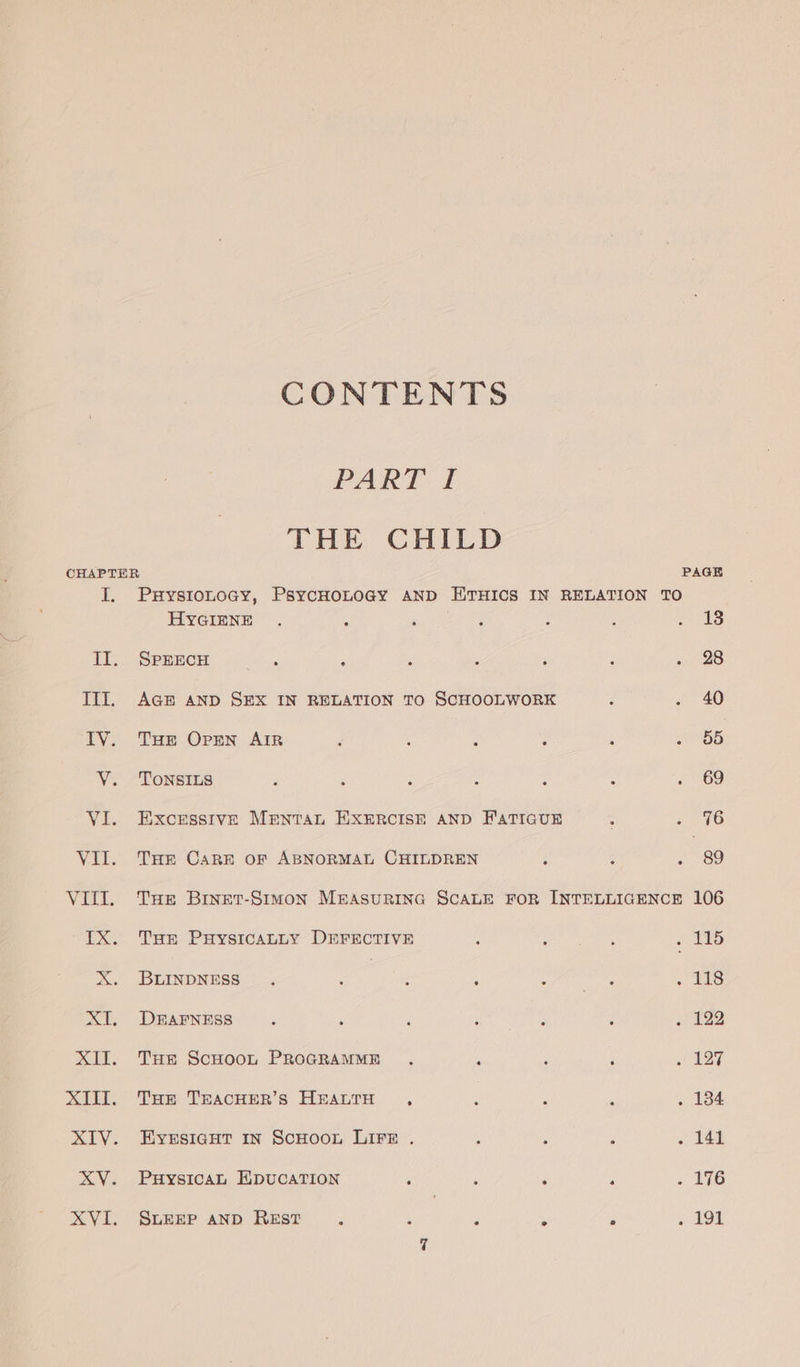 CONTENTS PART I THE CHILD CHAPTER PAGE I. Puystonoay, PsycHoLoGy AND ETHICS IN RELATION TO HYGIENE 18 II. SPEECH 28 ITI. AGE AND SEX IN RELATION TO SCHOOLWORK 40 IV. Tue Open AIR 55 VY. Tonsits 69 VI. Excessive Menta EXERCISE AND FATIGUE Pn VII. Tue Carr or ABNORMAL CHILDREN , 2 : | 89 VIlIl. THe Binet-Simon MEASURING SCALE FOR INTELLIGENCE 106 IX. THE PuysicauLy DEFECTIVE . 115 X. BLINDNESS | a XI. DEAFNESS Pe 2) XII. Tue ScHoon PROGRAMME . , / 127 XIII. Tur TreacHER’s HEALTH , . 134 XIV. Eyrsiaut in ScHoon LIFE . . 141 XY. Puysican Epucarion ; : : ; . 176 XVI. SLEEP AND Rest. ‘ r ‘ ° Paes |