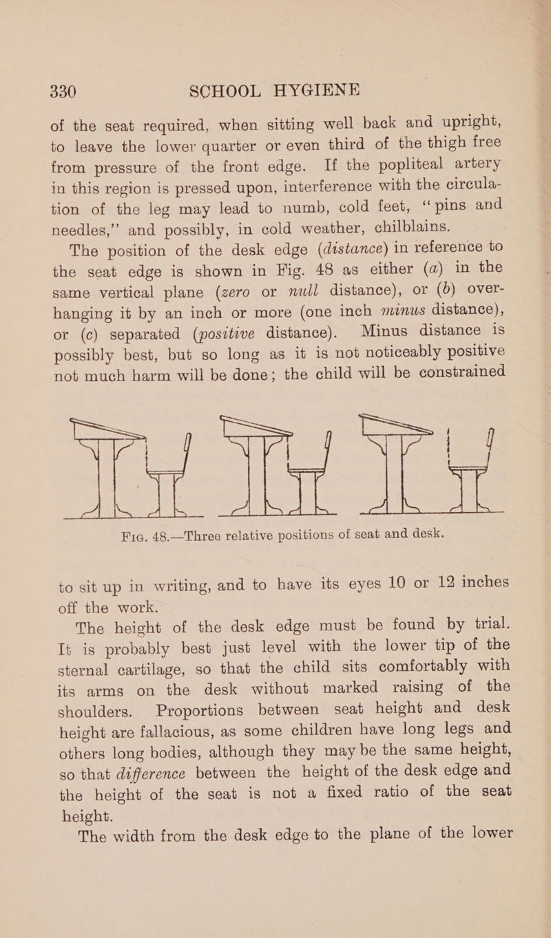 of the seat required, when sitting well back and upright, to leave the lower quarter or even third of the thigh free from pressure of the front edge. If the popliteal artery in this region is pressed upon, interference with the circula- tion of the leg may lead to numb, cold feet, ‘pins and needles,’ and possibly, in cold weather, chilblains. The position of the desk edge (distance) in reference to the seat edge is shown in Fig. 48 as either (#) in the same vertical plane (zero or null distance), or (6) over- hanging it by an inch or more (one inch menus distance), or (c) separated (positive distance). Minus distance 1s possibly best, but so long as it is not noticeably positive not much harm will be done; the child will be constrained Fic. 48.—Three relative positions of seat and desk. to sit up in writing, and to have its eyes 10 or 12 inches off the work. The height of the desk edge must be found by trial. It is probably best just level with the lower tip of the sternal cartilage, so that the child sits comfortably with its arms on the desk without marked raising of the shoulders. Proportions between seat height and desk height are fallacious, as some children have long legs and others long bodies, although they may be the same height, so that difference between the height of the desk edge and the height of the seat is not a fixed ratio of the seat height. The width from the desk edge to the plane of the lower