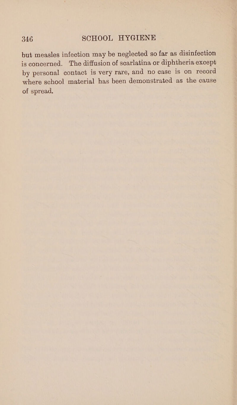 but measles infection may be neglected so far as disinfection is concerned. The diffusion of scarlatina or diphtheria except by personal contact is very rare, and no case is on record where school material has been demonstrated as the cause of spread.