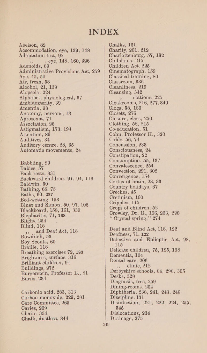 Abelson, 82 Accommodation, eye, 139, 148 Adaptation test, 92 es , eye, 148, 160, 326 Adenoids, 69 Administrative Provisions Act, 259 Age, 45, 50 Air, fresh, 58 Alcohol, 21, 139 Alopecia, 224 Alphabet, physiological, 37 Ambidexterity, 39 Amentia, 98 Anatomy, nervous, 13 Aprosexia, 71 Association, 26 Astigmatism, 173, 194 Attention, 86 Auditives, 34 Auditory centre, 28, 35 Automatic movements, 24 Babbling, 29 Babies, 57 Back rests, 331 Backward children, 91, 94, 116 Baldwin, 50 Bathing, 68, 75 Baths, 60, 227 Bed-wetting, 193 Binet and Simon, 50, 97, 106 Blackboard, 158, 161, 339 Blepharitis, 71, 168 Blight, 254 Blind, 118 », and Deaf Act, 118 Bowditch, 53 Boy Scouts, 60 Braille, 118 Breathing exercises 72, 183 Brightness, surface, 316 Brilliant children, 91 Buildings, 272 Burgerstein, Professor L., 81 Burns, 234 Carbonic acid, 283, 313 Carbon monoxide, 229, 281 Care Committee, 265 Caries, 209 Chairs, 334 Chalk, dustless, 344 Chalks, 161 Charity, 201, 212 Charlottenburg, 57, 192 Chilblains, 215 Children Act, 225 Cinematograph, 159 Classical training, 80 Classroom, 336 Cleanliness, 219 Cleansing, 342 ep stations, 225 Cloakrooms, 216, 277,340 Clogs, 58, 189 Closets, 276 Closure, class, 250 Clothing, 58, 215 Co-education, 51 Cohn, Professor H., 320 Coids, 56, 74 Concussion, 233 Consciousness, 24 Constipation, 22 Consumption, 55, 137 Convalescence, 254 Convection, 291, 302 Convergence, 154 Cortex of brain, 23, 33 Country holidays, 67 Créches, 45 Cretinism, 100 Cripples, 115 Crops of children, 52 Crowley, Dr. R., 196, 203, 220 “Crystal spring,” 274 Deaf and Blind Act, 118, 122 Deafness, 71, 122 Defective and Epiieptic Act, 98, 115 Delicate children, 75, 185, 198 Dementia, 104 Dental care, 206 » ¢linic, 212 Derbyshire schools, 64, 296, 305 Desks, 328 Diagnosis, free, 259 Dining-rooms, 204 Diphtheria, 238, 241, 243, 246 Discipline, 131 Disinfection, 221, 222, 224, 255, 345 Dislocations, 234 Drainage, 275