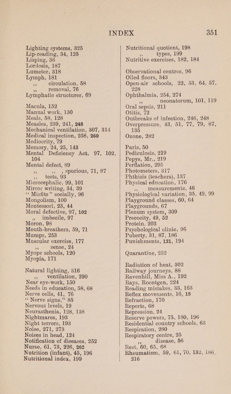 INDEX dol Lighting systems, 325 Nutritional quotient, 198 Lip-reading, 34, 125 i types, 199 Lisping, 36 Nutritive exercises, 182, 184 Lordosis, 187 Lumeter, 318 Observational centres, 96 Lymph, 181 Oiled floors, 343 a circulation, 58 Open-air schools, 22, 53, 64, 57, 95 removal, 76 228 Lymphatic structures, 69 Ophthalmia, 254, 274 - neonatorum, 101, 119 Macula, 152 Oral sepsis, 211 Manual work, 130 Otitis, 72 Meals, 58, 128 Outbreaks of infection, 246, 248 Measles, 239, 241, 248 Overpressure, 43, 51, 77, 79, 87, _Mechanical ventilation, 307, 314 135 Medical inspection, 258, 260 Ozone, 282 Mediocrity, 79 Memory, 24, 25, 143 Paris, 50 Mental Deficiency Act, 97, 102, | Pediculosis, 219 104 Pepys, Mr., 219 Mental defect, 89 . Perflation, 295 oe x. 9 Spurious, 71,87 Photometers, 317 », tests, 93 Phthisis (teachers), 137 Microcephalic, 99, 101 Physical education, 176 Mirror writing, 34, 39 », measuremenis, 46 ‘* Misfits” socially, 96 Physiological variation, 35, 49, 99 Mongolism, 100 Playground classes, 60, 64 Montessori, 23, 44 Playgrounds, 67 Moral defective, 97, 102 Plenum system, 309 » imbecile, 97 Precocity, 49, 52 Moron, 98 Protein, 203 Mouth-breathers, 59, 71 Psychological clinic, 96 Mumps, 253 Puberty, 31, 87, 186 Muscular exercise, 177 | Punishments, 131, 194 ae sense, 24 Myope schools, 120 Quarantine, 252 Myopia, 171 Radiation of heat, 302 Natural lighting, 316 Railway journeys, 88 » ventilation, 290 Ravenhill, Miss A., 192 Near eye-work, 150 Rays, Roentgen, 224 Needs in education, 58, 68 Reading mistakes, 33, 1638 Nerve cells, 41, 76 Reflex movements, 16, 18 ‘* Nerve signs,”’ 85 Refraction, 170 Nervous levels, 19 Reports, 68 Neurasthenia, 128, 138 Repression, 24 Nightmares, 193 Reserve powers, 75, 180, 196 Night terrors, 193 Residential country schools, 63 Noise, 271, 273 Respiration, 280 Noises in head, 124 Respiratory centre, 25 Notification of diseases, 252 cA disease, 56 Nurse, 61, 73, 226, 262 | Rest, 60, 65, 68 Nutrition (infant), 45, 196 Rheumatism, 59, 61, 70, 132, 186, Nutritional index, 199 216
