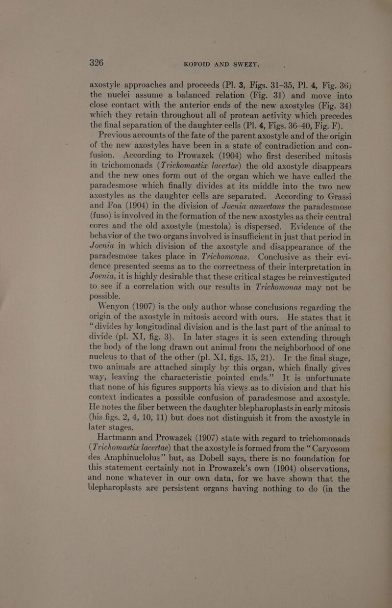 axostyle approaches and proceeds (PI. 3, Figs. 31-35, Pl. 4, Fig. 36) the nuclei assume a balanced relation (Fig. 31) and move into close contact with the anterior ends of the new axostyles (Fig. 34) which they retain throughout all of protean activity which precedes the final separation of the daughter cells (Pl. 4, Figs. 36-40, Fig. F). Previous accounts of the fate of the parent axostyle and of the origin of the new axostyles have been in a state of contradiction and con- fusion. According to Prowazek (1904) who first described mitosis in trichomonads (T'richomastix lacertae) the old axostyle disappears and the new ones form out of the organ which we have called the paradesmose which finally divides at its middle into the two new axostyles as the daughter cells are separated. According to Grassi and Foa (1904) in the division of Joenia annectans the paradesmose (fuso) is involved in the formation of the new axostyles as their central cores and the old axostyle (mestola) is dispersed. Evidence of the behavior of the two organs involved is insufficient in just that period in Joema in which division of the axostyle and disappearance of the paradesmose takes place in Trichomonas. Conclusive as their evi- dence presented seems as to the correctness of their interpretation in Joenva, it is highly desirable that these critical stages be reinvestigated to see if a correlation with our results in 7'richomonas may not be possible. Wenyon (1907) is the only author whose conclusions regarding the origin of the axostyle in mitosis accord with ours. He states that it “divides by longitudinal division and is the last part of the animal to divide (pl. XI, fig. 3). In later stages it is seen extending through the body of the long drawn out animal from the neighborhood of one nucleus to that of the other (pl. XI, figs. 15, 21). Ir the final stage, two animals are attached simply by this organ, which finally gives way, leaving the characteristic pointed ends.” It is unfortunate that none of his figures supports his views as to division and that his context indicates a possible confusion of paradesmose and axostyle. He notes the fiber between the daughter blepharoplasts in early mitosis (his figs. 2, 4, 10, 11) but does not distinguish it from the axostyle in later stages. Hartmann and Prowazek (1907) state with regard to trichomonads (7'richomastix lacertae) that the axostyle is formed from the “Caryosom des Amphinuclolus’’ but, as Dobell says, there is no foundation for this statement certainly not in Prowazek’s own (1904) observations, and none whatever in our own data, for we have shown that the blepharoplasts are persistent organs having nothing to do (in the