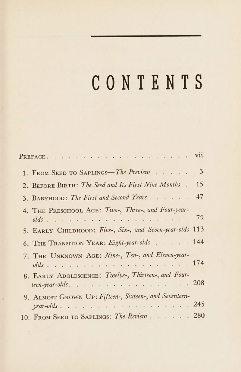 CONTENTS PREEACE Tae a ee, AN eae eee eget ei Oe, VTL 1. From SEED TO SAPLINGS—The Preview . . . . . 3 2. Berore Birtu: The Seed and Its First Nine Months . 15 3. Basyvyoop: The First and Second Years. . . .. . 47 4. Tye Prescuoot AcE: Two-, Three-, and Four-year- 1 a OR ee ne TN ge META EL) 5. EarLy Cumpxoop: Five-, Six-, and Seven-year-olds 113 6. Tue TRANSITION YEAR: Ejight-year-olds . . . . . 144 7. Tue Unknown Ace: WNine-, Ten-, and Eleven-year- OL Seek ee ade Sele le a eee alten doemenge A 8, EARLY ADOLESCENCE: Twelve-, Thirteen-, and Four- IECTAVCA 010 ane ee ge eee UO 9. Atmost Grown Up: Fifteen-, Sixteen-, and Seventeen- TUES ok Be RR ee 2 Me Al 10. From Seep To Sapuincs: The Review. . . . . . 280