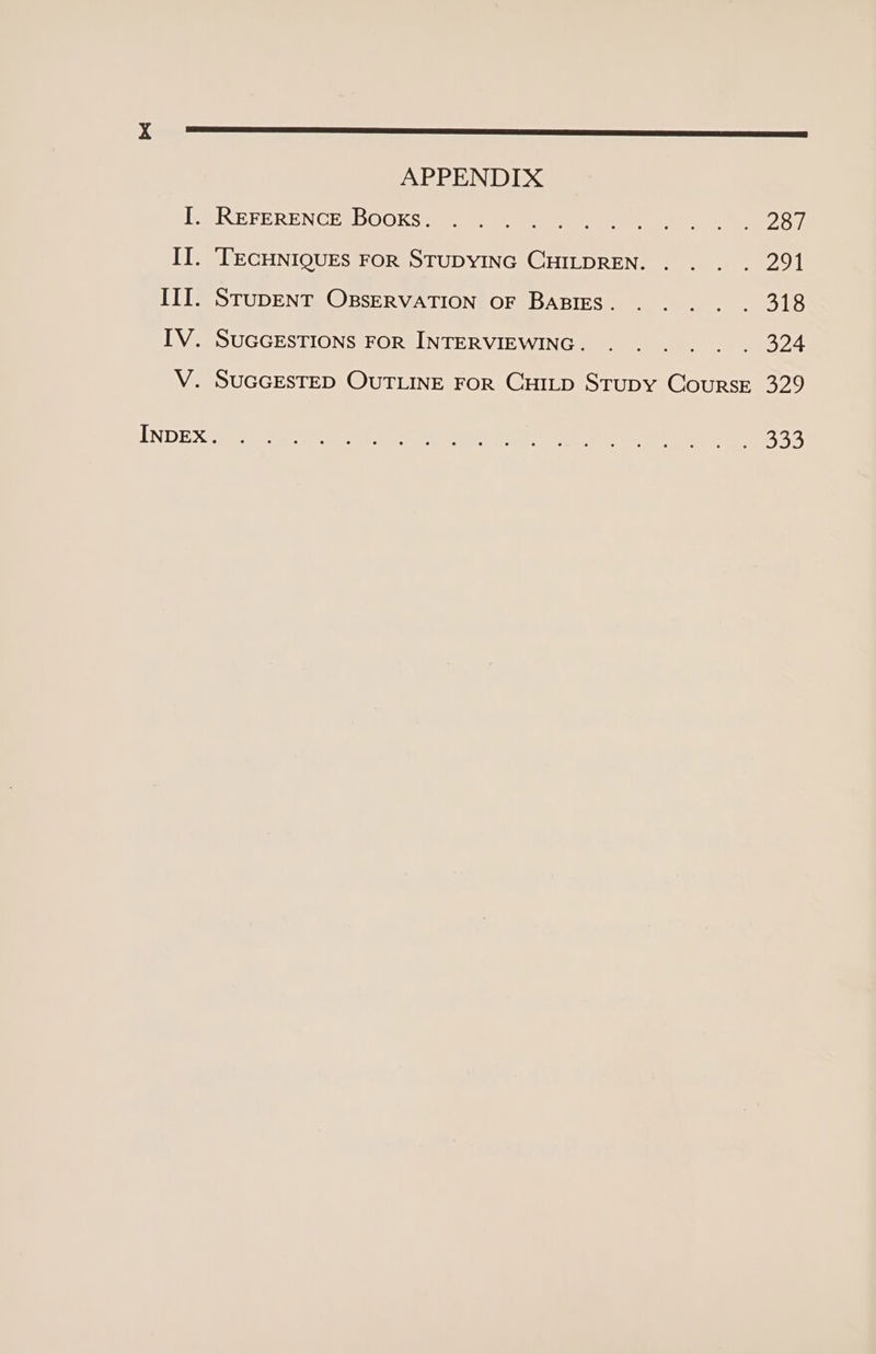 xX {SR gS RS TT I TS ES Ba ER ET ae See APPENDIX SE FEREN CER DOOKG meats ann en ean aes mn) 07 II. ‘TECHNIQUES FOR STUDYING CHILDREN. . . . . 291 III. SrupENT OBsERVATION OF BaBlEs. . . . . . 318 IV. SUGGESTIONS FOR INTERVIEWING. . . . . . . 324 V. SUGGESTED OUTLINE FoR CHILD Stupy CoursE 329 TN DEX CeO G aa aee sip poy TPA crt ps toler Tae aiteilel Dy) a AS 33