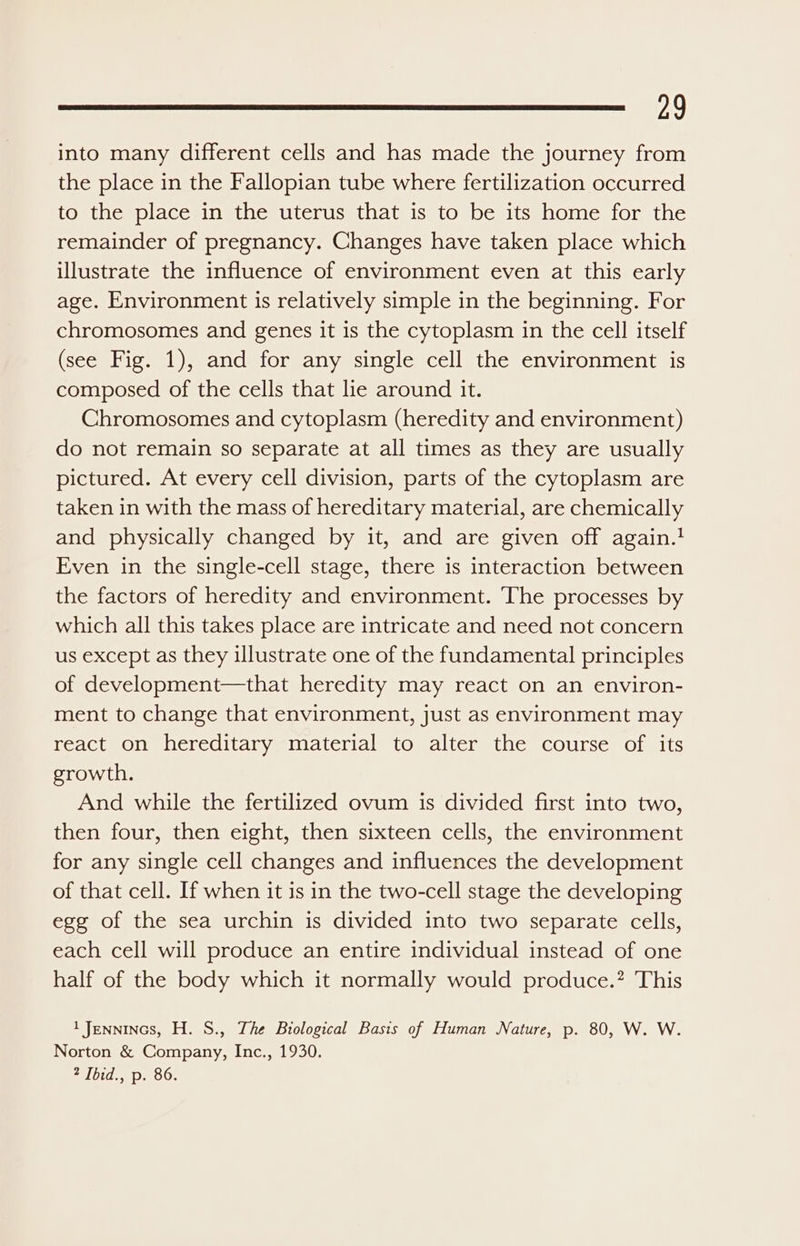 into many different cells and has made the journey from the place in the Fallopian tube where fertilization occurred to the place in the uterus that is to be its home for the remainder of pregnancy. Changes have taken place which illustrate the influence of environment even at this early age. Environment is relatively simple in the beginning. For chromosomes and genes it is the cytoplasm in the cell itself (see Fig. 1), and for any single cell the environment is composed of the cells that lie around it. Chromosomes and cytoplasm (heredity and environment) do not remain so separate at all times as they are usually pictured. At every cell division, parts of the cytoplasm are taken in with the mass of hereditary material, are chemically and physically changed by it, and are given off again.! Even in the single-cell stage, there is interaction between the factors of heredity and environment. The processes by which all this takes place are intricate and need not concern us except as they illustrate one of the fundamental principles of development—that heredity may react on an environ- ment to change that environment, just as environment may react on hereditary material to alter the course of its growth. And while the fertilized ovum is divided first into two, then four, then eight, then sixteen cells, the environment for any single cell changes and influences the development of that cell. If when it is in the two-cell stage the developing egg of the sea urchin is divided into two separate cells, each cell will produce an entire individual instead of one half of the body which it normally would produce.” This 1 Jennincs, H. S., The Biological Basis of Human Nature, p. 80, W. W. Norton &amp; Company, Inc., 1930. bt... p20.