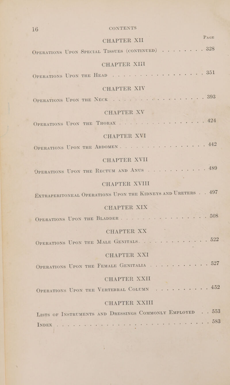 CHAPTER: XI OPERATIONS Upon SPECIAL TISSUES (CONTINUED) CHAPTER) Xt OPERATIONS UPON THE HEAD CHAPTER XIV OPERATIONS Upon THE NECK CHAPTER XV OPERATIONS UPON THE THORAX . CHAPTER XW OPERATIONS UPON THE ABDOMEN . CHAPTER XVI OPERATIONS Upon THE RECTUM AND ANUS CHAPTER XVIII CHAPTER, XIX OPERATIONS UPON THE BLADDER . CHAPTER XX OPERATIONS Upon THE MALE GENITALS. CHAPTER XXI OPERATIONS UPoN THE FEMALE GENITALIA CHAPTER: 2 Xil OPERATIONS UPON THE VERTEBRAL CoLUMN CHAPTER XXIII Lists or INSTRUMENTS AND DRESSINGS COMMONLY EMPLOYED INDEX . PaGE