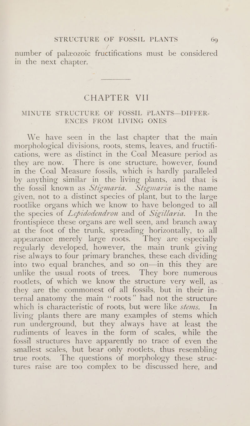 / number of palzeozoic fructifications must be considered in the next chapter. Chive | BR VI) MINUTE STRUCTURE OF FOSSIL PLANTS—DIFFER- ENCES FROM LIVING ONES Wwe have Seen in the last ?chapter that. the main morphological divisions, roots, stems, leaves, and fructifi- cations, were as distinct in the Coal Measure period as they are now. There is one structure, however, found in the Coal Measure fossils, which is hardly paralleled by anything similar in the living plants, and that is the fossil known as Stegmaria. Stigmaria is the name given, not to a distinct species of plant, but to the large rootlike organs which we know to have belonged to ail the species of Lepzdodendron and of Szgillaria. In the frontispiece these organs are well seen, and branch away at the foot of the trunk, spreading horizontally, to all appearance merely large roots. They are especially regularly developed, however, the. main trunk giving rise always to four primary branches, these each dividing into two equal branches, and so on—in this they are unlike the usual roots of trees. They bore numerous rootlets, of which we know the structure very well, as . they are the commonest of all fossils, but in their in- ternal anatomy the main “roots” had not the structure which is characteristic of roots, but were like s¢ems. In living plants there are many examples of stems which run underground, but they always have at least the rudiments of leaves in the form of scales, while the fossil structures have apparently no trace of even the smallest scales, but bear only rootlets, thus resembling true roots. The questions of morphology these struc- tures raise are too complex to be discussed here, and