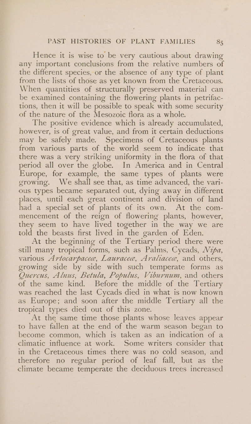Hence it is wise to be very cautious about drawing any important conclusions from the relative numbers of the different species, or the absence of any type of plant from the lists of those as yet known from the Cretaceous. When quantities of structurally preserved material can be examined containing the flowering plants in petrifac- tions, then it will be possible to speak with some security of the nature of the Mesozoic flora as a whole. The positive evidence which is already accumulated, however, is of great value, and from it certain deductions may be safely made. Specimens of Cretaceous plants from various parts of the world seem to indicate that there was a very striking uniformity in the flora of that period all over the globe. In America and in Central Europe, for example, the same types of plants were growing. We shall see that, as time advanced, the vari- ous types became separated out, dying away in different places, until each great continent and division of land had a special set of plants of its own. At the com- mencement of the reign of flowering plants, however, they seem to have lived together in the way we are told the beasts first lived in the garden of Eden. At the beginning of the Tertiary period there were still many tropical forms, such as Palms, Cycads, Vzga, various Artocarpacee, Lauracee, Araliacee, and others, growing side by side with such temperate forms as Quercus, Alnus, Betula, Populus, Viburnum, and others of the same kind. Before the middle of the Tertiary was reached the last Cycads died in what is now known as Europe; and soon after the middle Tertiary all the tropical types died out of this zone. At the same time those plants whose leaves appear to have fallen at the end of the warm season began to become common, which is taken as an indication of a climatic influence at work. Some writers consider that in the Cretaceous times there was no cold season, and therefore no regular period of leaf fall, but as the climate became temperate the deciduous trees increased