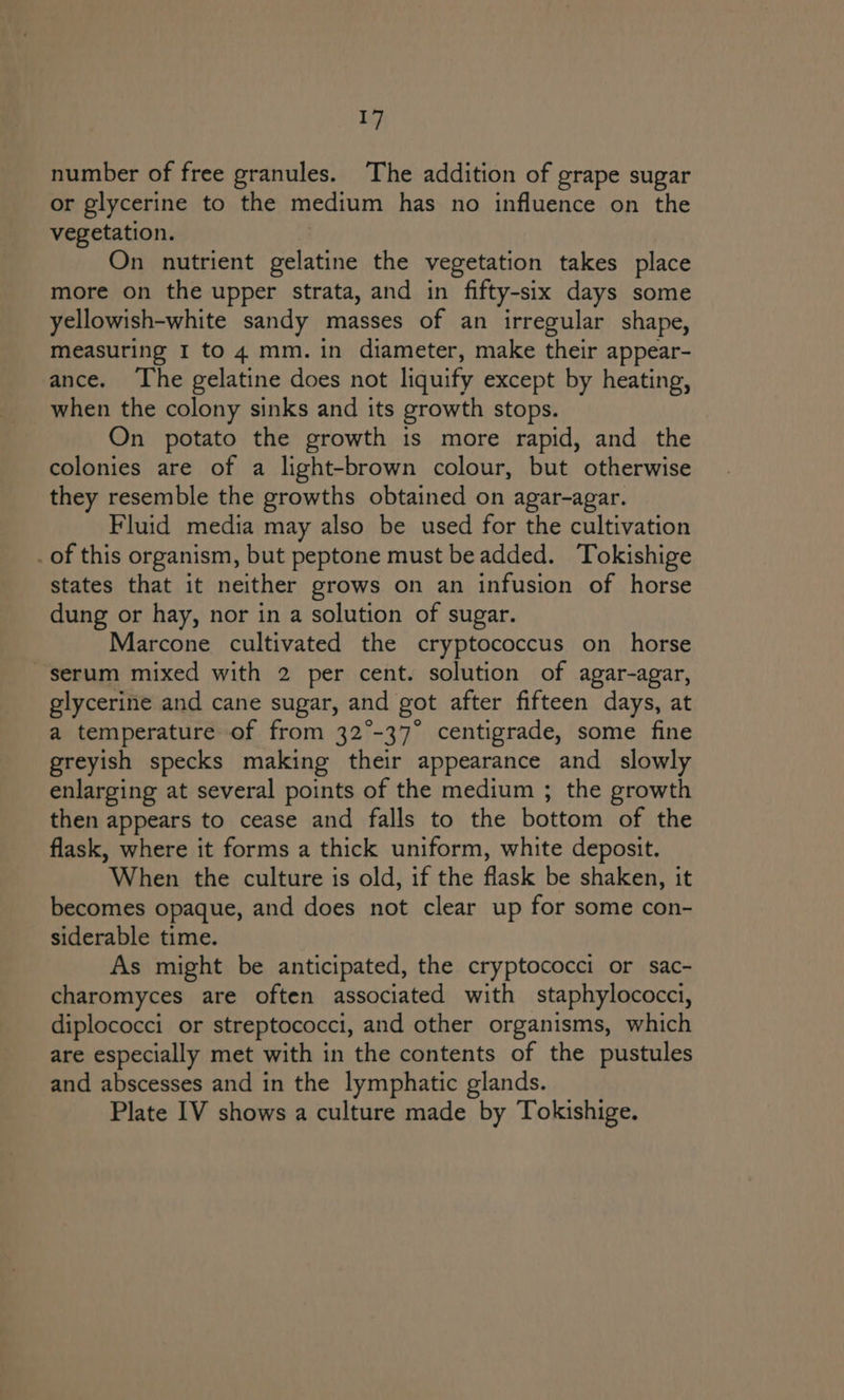 number of free granules. The addition of grape sugar or glycerine to the medium has no influence on the vegetation. On nutrient gelatine the vegetation takes place more on the upper strata, and in fifty-six days some yellowish-white sandy masses of an irregular shape, measuring I to 4 mm. in diameter, make their appear- ance. The gelatine does not liquify except by heating, when the colony sinks and its growth stops. On potato the growth is more rapid, and the colonies are of a light-brown colour, but otherwise they resemble the growths obtained on agar-agar. Fluid media may also be used for the cultivation _ of this organism, but peptone must beadded. Tokishige states that it neither grows on an infusion of horse dung or hay, nor in a solution of sugar. Marcone cultivated the cryptococcus on _ horse serum mixed with 2 per cent. solution of agar-agar, glycerine and cane sugar, and got after fifteen days, at a temperature of from 32°-37° centigrade, some fine greyish specks making their appearance and slowly enlarging at several points of the medium ; the growth then appears to cease and falls to the bottom of the flask, where it forms a thick uniform, white deposit. When the culture is old, if the flask be shaken, it becomes opaque, and does not clear up for some con- siderable time. As might be anticipated, the cryptococci or sac- charomyces are often associated with staphylococci, diplococci or streptococci, and other organisms, which are especially met with in the contents of the pustules and abscesses and in the lymphatic glands. Plate IV shows a culture made by Tokishige.