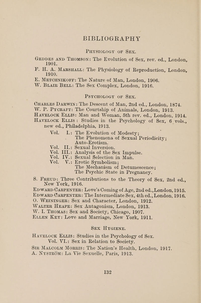 BIBLIOGRAPHY PHYSIOLOGY OF SEx. GEDDES AND THOMSON: The Evolution of Sex, rev. ed., London, 1901. F. H. A. MarsHati: The Physiology of Reproduction, London, 1910. E. METCHNIKOFF: The Nature of Man, London, 1906. W. Buiarr BELL: The Sex Complex, London, 1916. PSYCHOLOGY OF SEx. CHARLES DARWIN: The Descent of Man, 2nd ed., London, 1874. W. P. Pycrart: The Courtship of Animals, London, 1913. HAVELOCK ELLIS: Man and Woman, 5th rey. ed., London, 1914. HAVELOCK ELLIs: Studies in the Psychology of Sex, 6 vols., new ed., Philadelphia, 1913. Vol. I.: The Evolution of Modesty; The Phenomena of Sexual Periodicity ; Auto-Erotism. Vol. II.: Sexual Inversion. Vol. III.: Analysis of the Sex Impulse. Vol. IV.: Sexual Selection in Man. Vol. V.: Erotic Symbolism; ; The Mechanism of Detumescence; The Psychic State in Pregnancy. S. Freup: Three Contributions to the Theory of Sex, 2nd ed., New York, 1916. EDWARD CARPENTER: Love’s Coming of Age, 2nd ed., London, 1915. EDWARD CARPENTER: The Intermediate Sex, 4th ed., London, 1916. O. WEININGER: Sex and Character, London, 1912. WALTER HEAPE: Sex Antagonism, London, 1913. W. I. THomas: Sex and Society, Chicago, 1907. ELLEN Key: Love and Marriage, New York, 1911. SEX HYGIENE. HAVELOCK ELLIS: Studies in the Psychology of Sex. Vol. VI.: Sex in Relation to Society. Sirk Matcotm Morris: The Nation’s Health, London, 1917. A. Nystrom: La Vie Sexuelle, Paris, 1913.