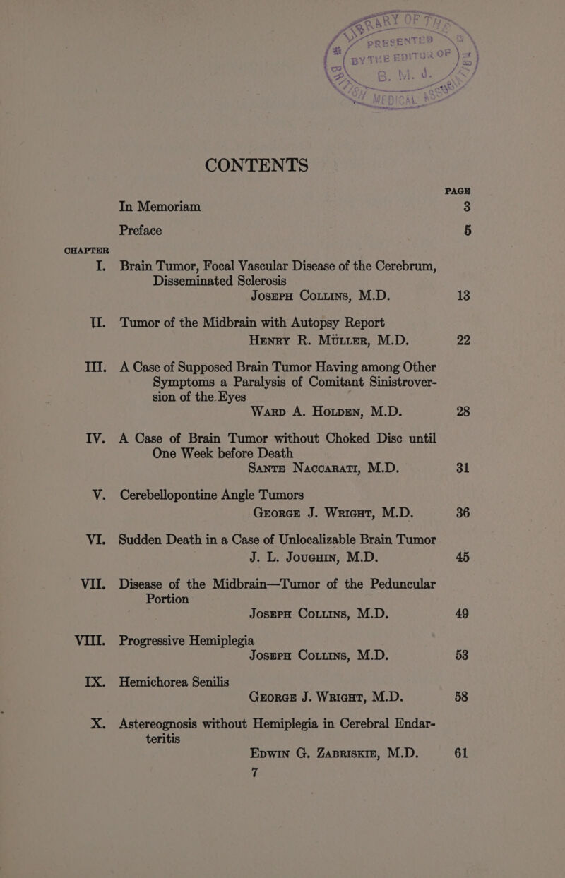 Til. VII. CONTENTS In Memoriam Preface Brain Tumor, Focal Vascular Disease of the Cerebrum, Disseminated Sclerosis JosePH Couuins, M.D. Tumor of the Midbrain with Autopsy Report Henry R. Mutter, M.D. A Case of Supposed Brain Tumor Having among Other Symptoms a Paralysis of Comitant Sinistrover- sion of the Eyes Warp A. Hotpsn, M.D. A Case of Brain Tumor without Choked Disc until One Week before Death Sante Naccarati, M.D. Cerebellopontine Angle Tumors -Grorce J. Wricut, M.D. Sudden Death in a Case of Unlocalizable Brain Tumor J. L. Joueuin, M.D. Disease of the Midbrain—Tumor of the Peduncular Portion JosePH Couns, M.D. Progressive Hemiplegia JosEPH Couns, M.D. Hemichorea Senilis Grorce J. Wricut, M.D. Astereognosis without Hemiplegia in Cerebral Endar- teritis Epwin G. ZaBRiskigE, M.D. 7 PAGB 13 22 31 36 45 49 53 58 61