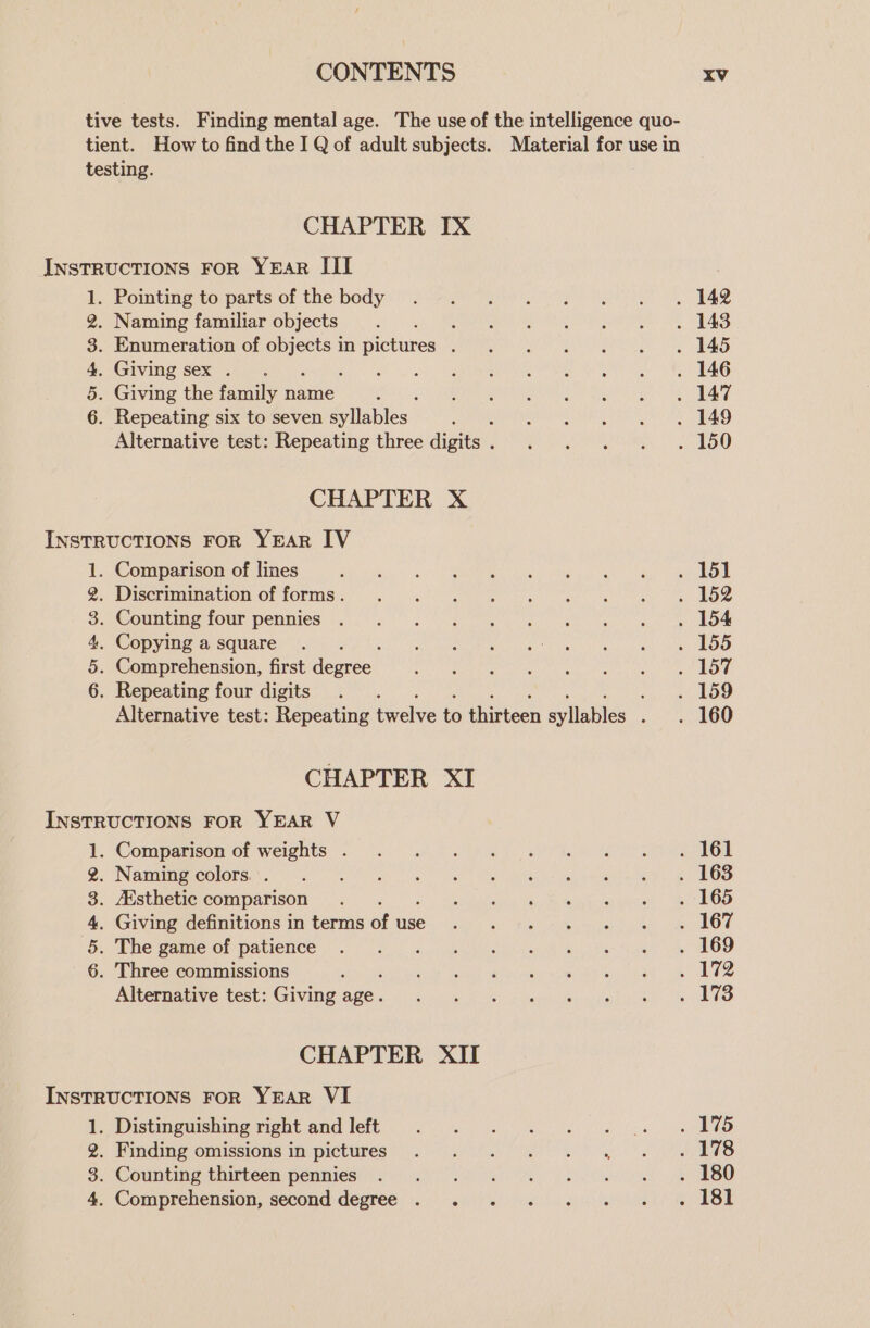 CHAPTER IX SO Or d= 09 tO Alternative test: Repeating three digits . CHAPTER X &gt; Cr p&gt; 09 OO &amp; CHAPTER XI BS Or em 09 TO = Alternative test: Giving Es CHAPTER XII Distinguishing right and left Finding omissions in pictures Counting thirteen pennies