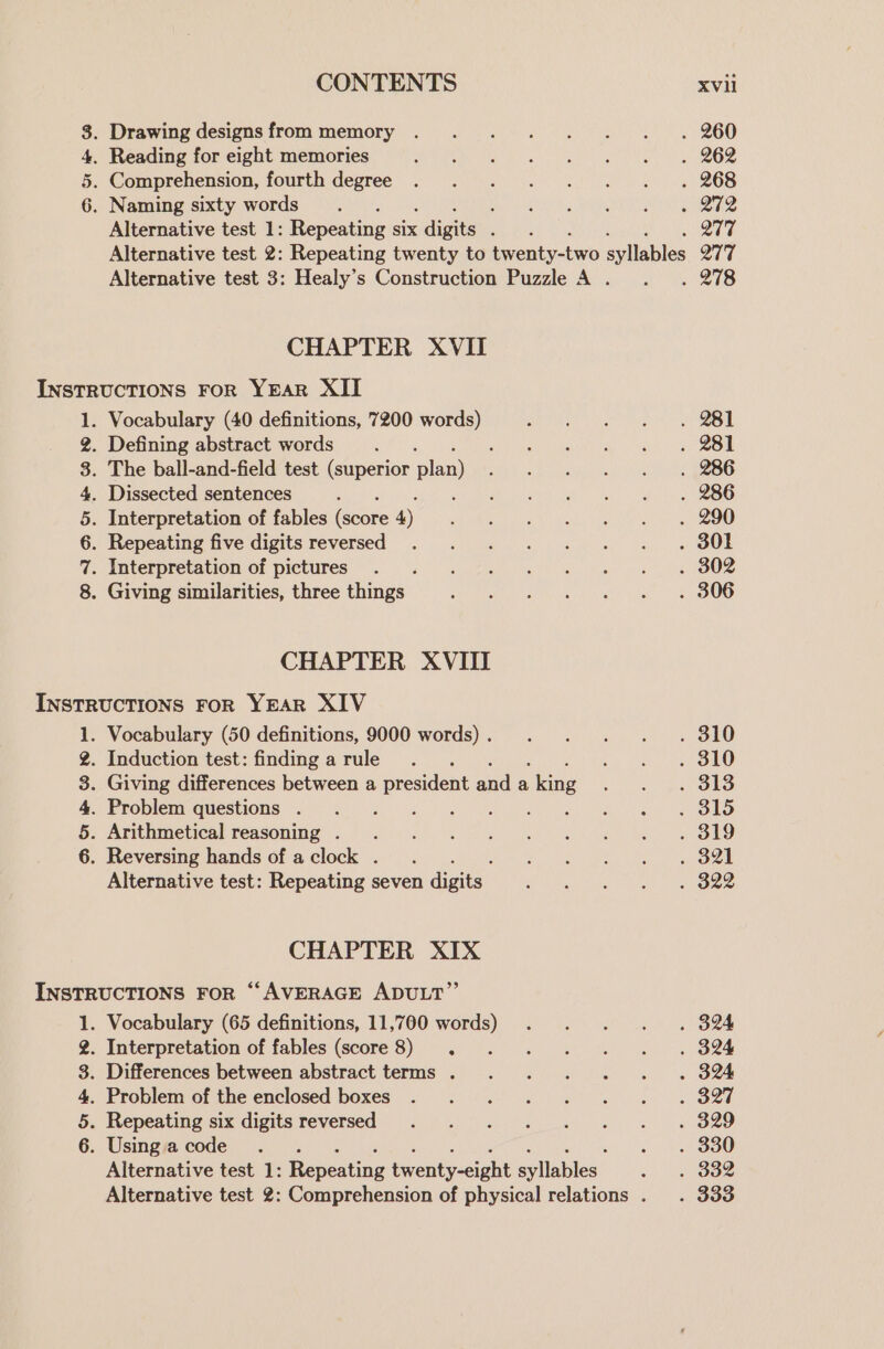 So Ot te 08 Alternative test 1: Repeating Six igs 3 Alternative test 3: Healy’s Construction Puzzle A . CHAPTER XVII QO 92 &gt; Or wm CO tO The ball-and-field test eon ine: plan) CHAPTER XVIII &gt; Or tim OF tO = Alternative test: Repeating seven Gai: CHAPTER XIX SO Or th ©9 % 277 Q77