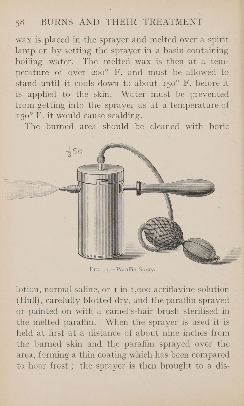 wax is placed in the sprayer and melted over a spirit lamp or by setting the sprayer in a basin containing boiling water. The melted wax is then at a tem- perature of over 200° F. and must be allowed to stand until it cools down to about 150° F. before it is applied to the skin. Water must be prevented from getting into the sprayer as at a temperature of 150° F. it would cause scalding. The burned area should be cleaned with boric lotion, normal saline, or I in 1,000 acriflavine solution (Hull), carefully blotted dry, and the paraffin sprayed or painted on with a camel’s-hair brush sterilised in the melted paraffin. When the sprayer is used it is held at first at a distance of about nine inches from the burned skin and the paraffin sprayed over the area, forming a thin coating which has been compared to hoar frost ; the sprayer is then brought to a dis-